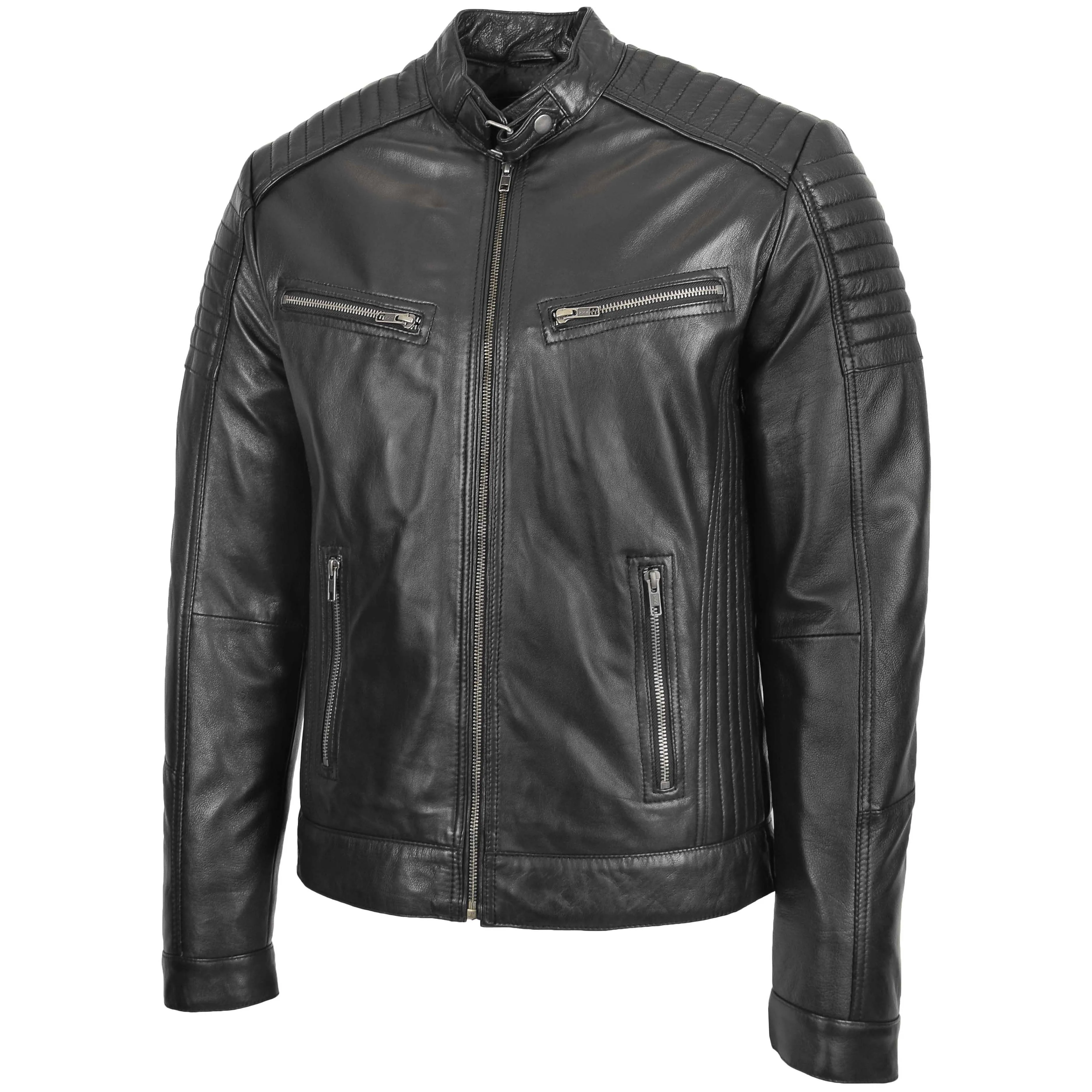 Mens Leather Cafe Racer Biker Jacket Ron Black