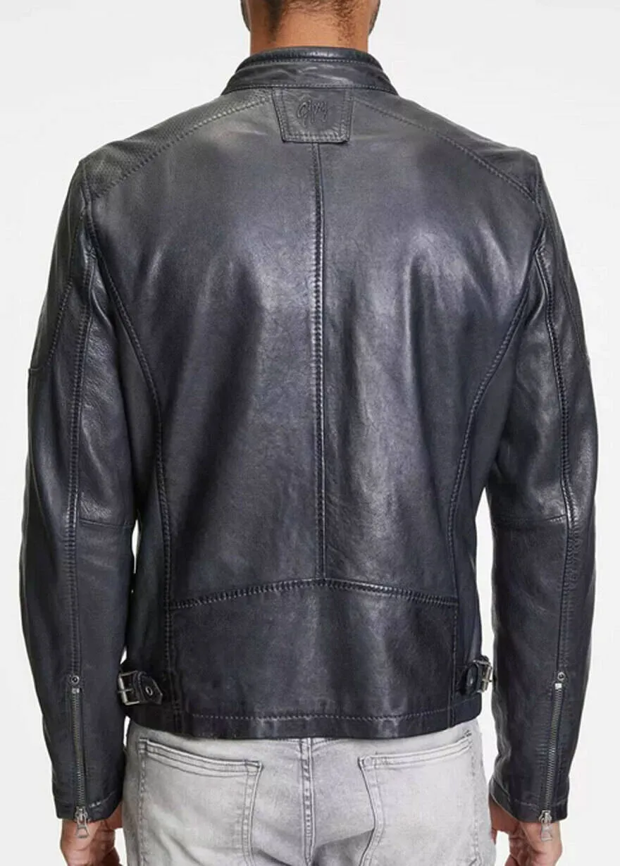 Men's navy/black biker style leather jacket 8876