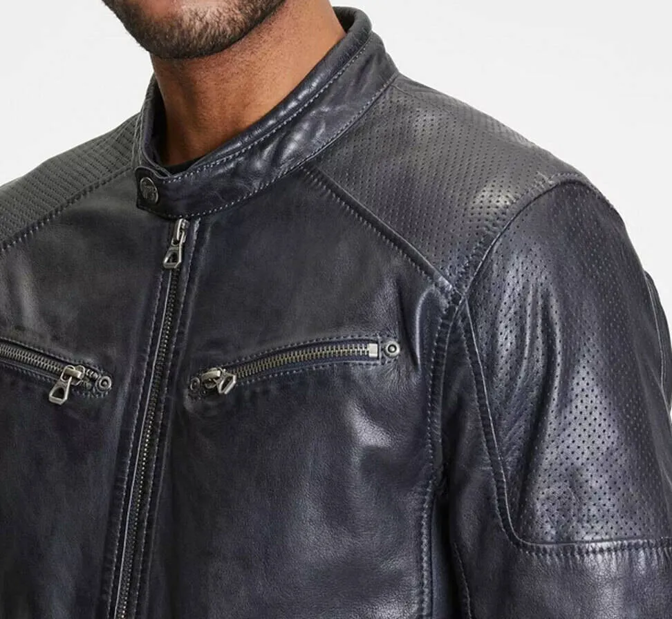 Men's navy/black biker style leather jacket 8876