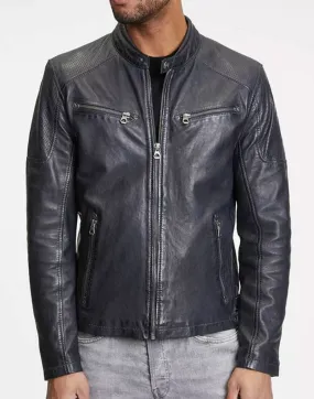 Men's navy/black biker style leather jacket 8876