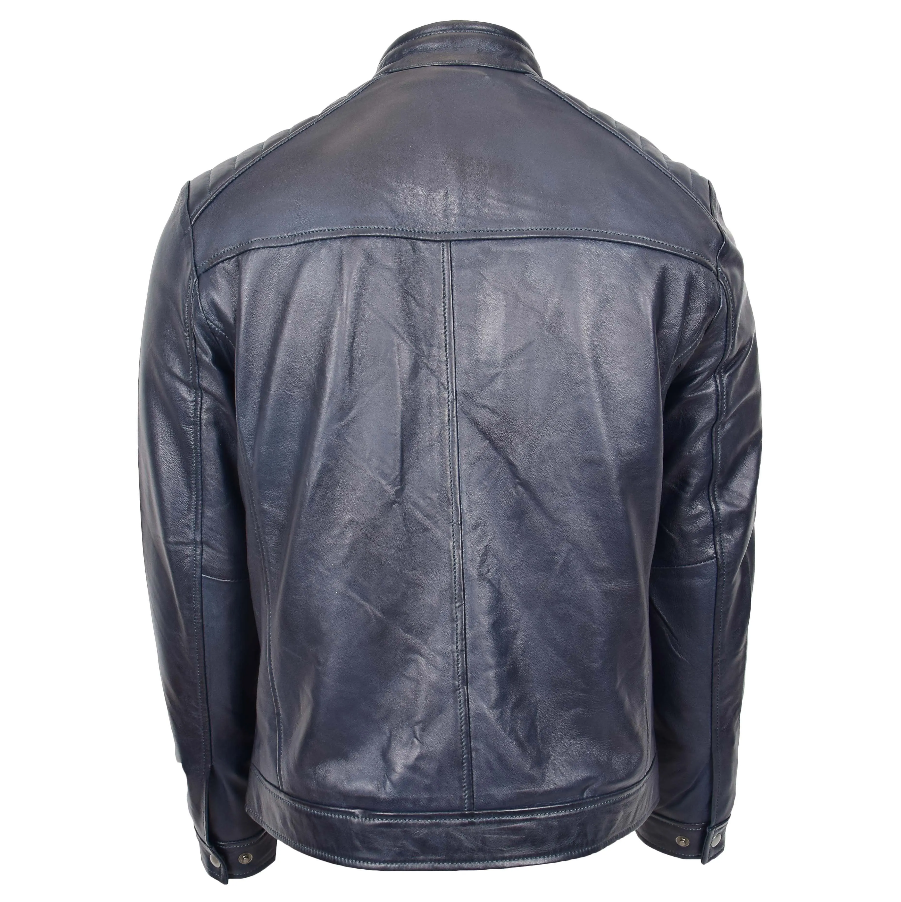 Mens Real Leather Biker Jacket Archie Navy Blue