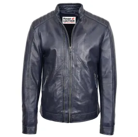 Mens Real Leather Biker Jacket Archie Navy Blue