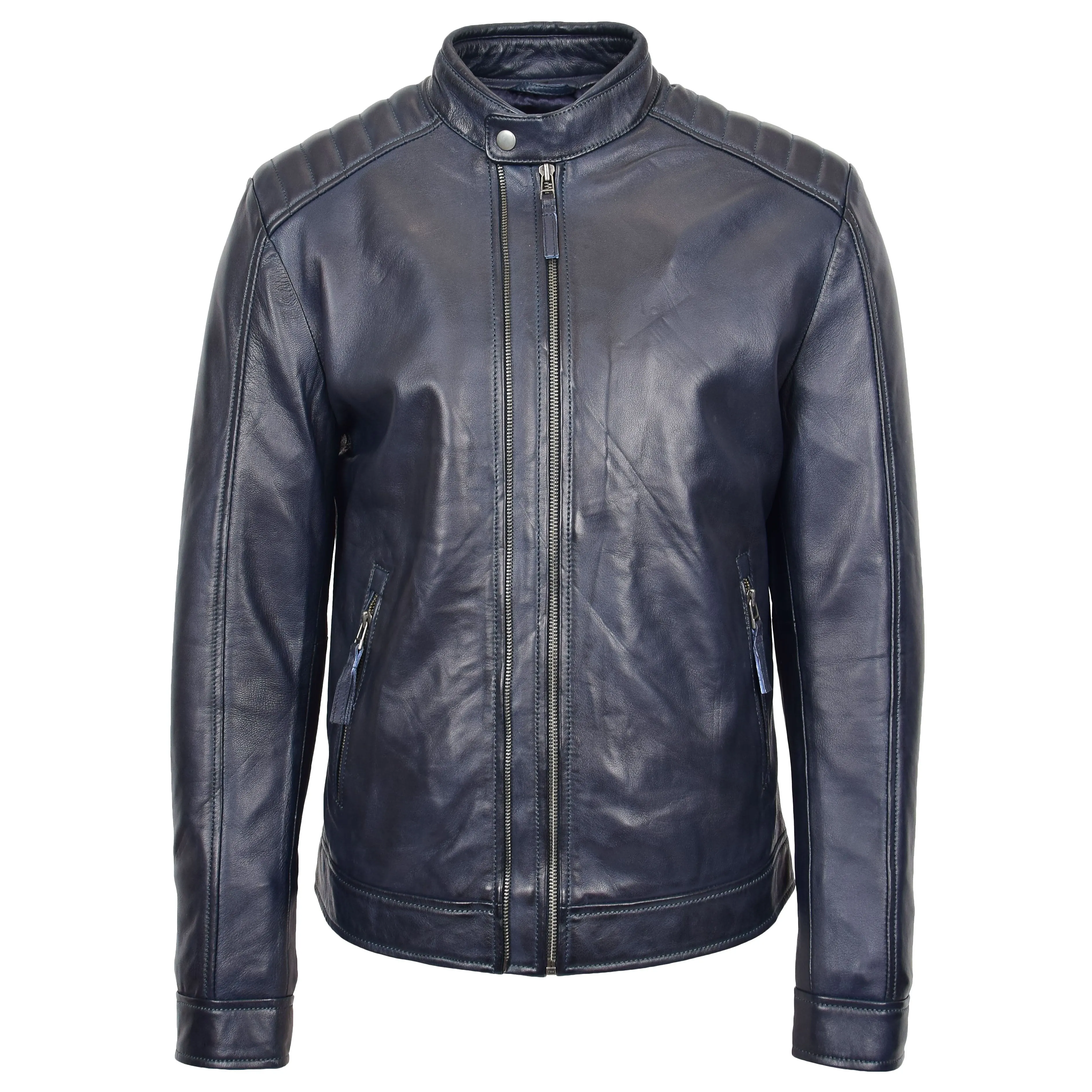 Mens Real Leather Biker Jacket Archie Navy Blue