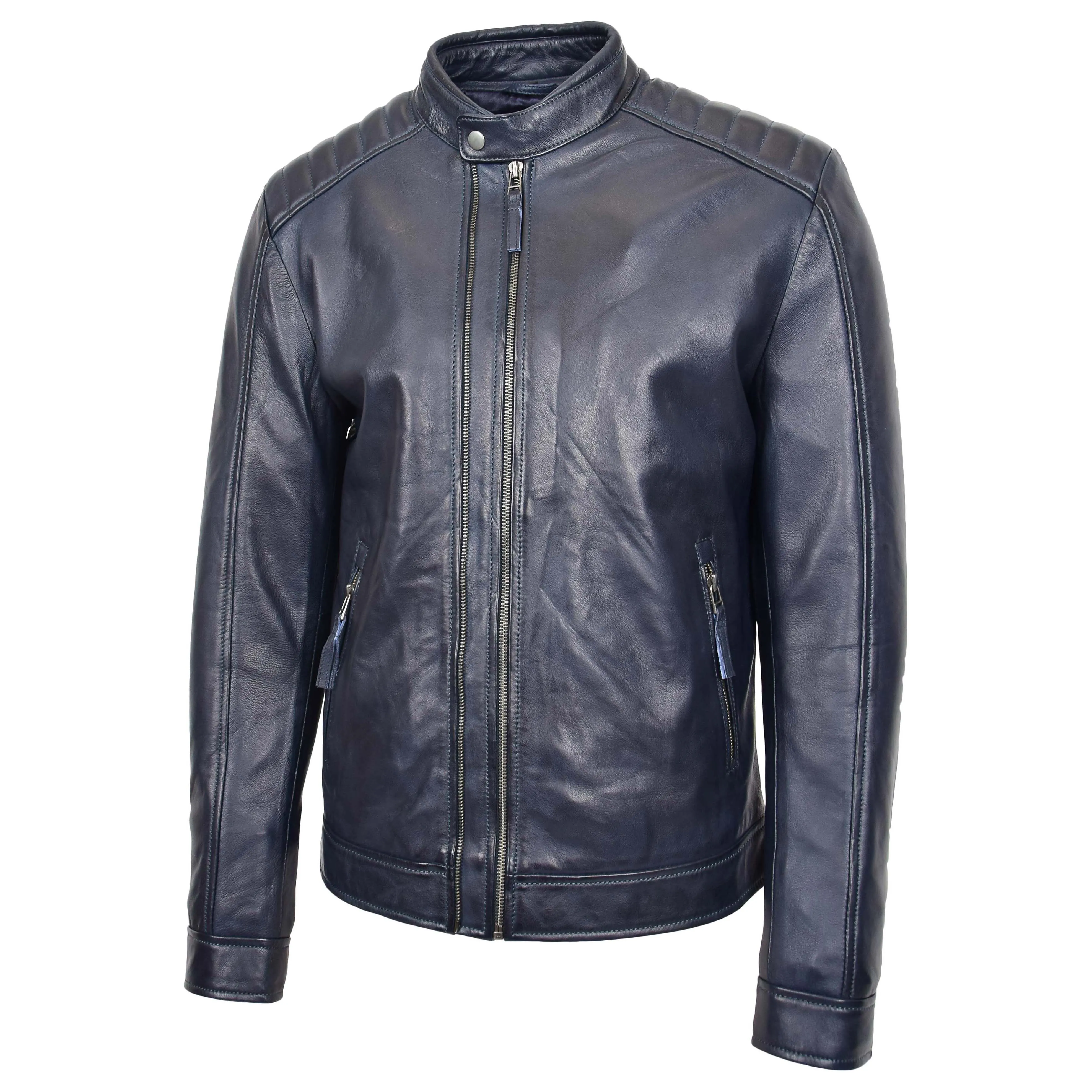 Mens Real Leather Biker Jacket Archie Navy Blue