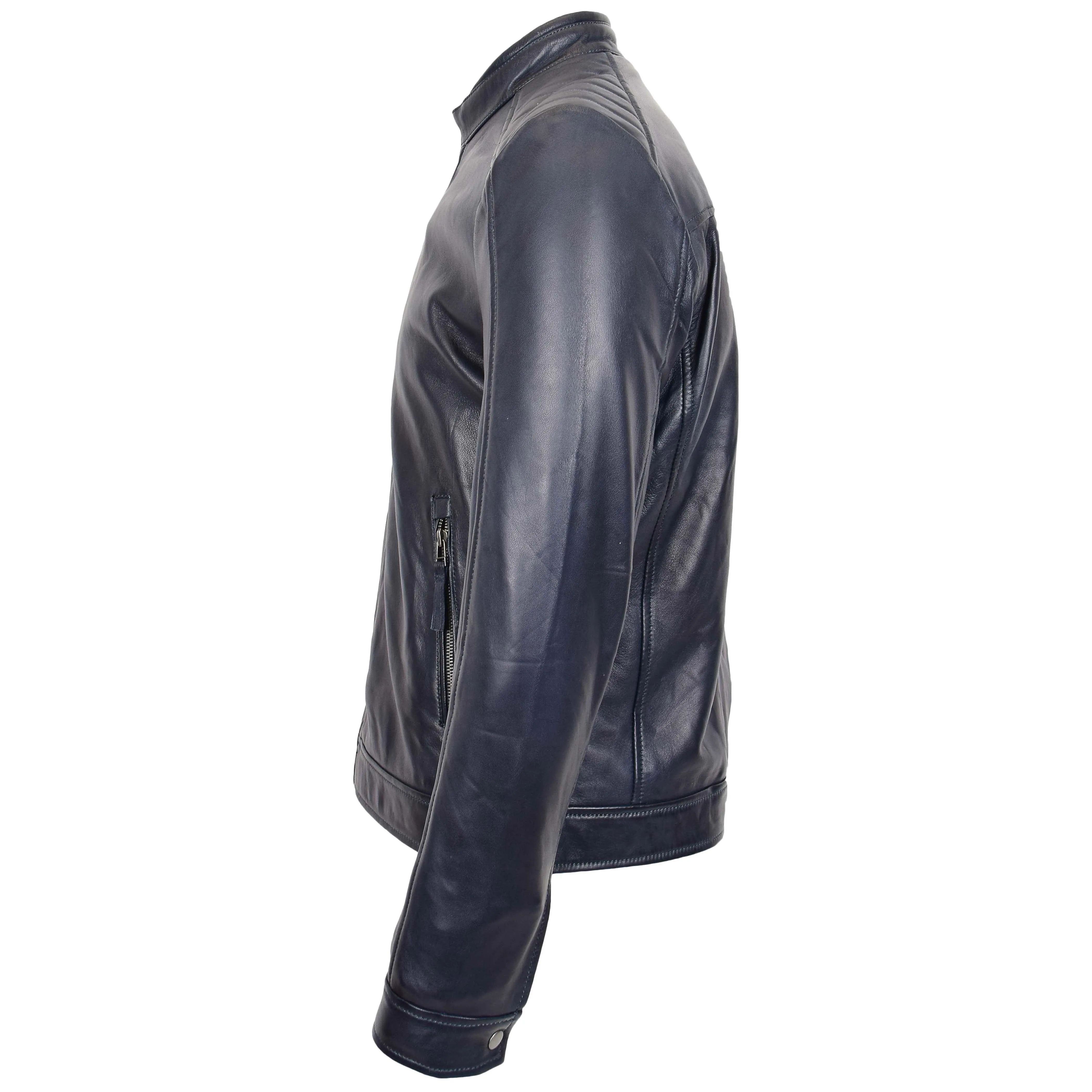 Mens Real Leather Biker Jacket Archie Navy Blue