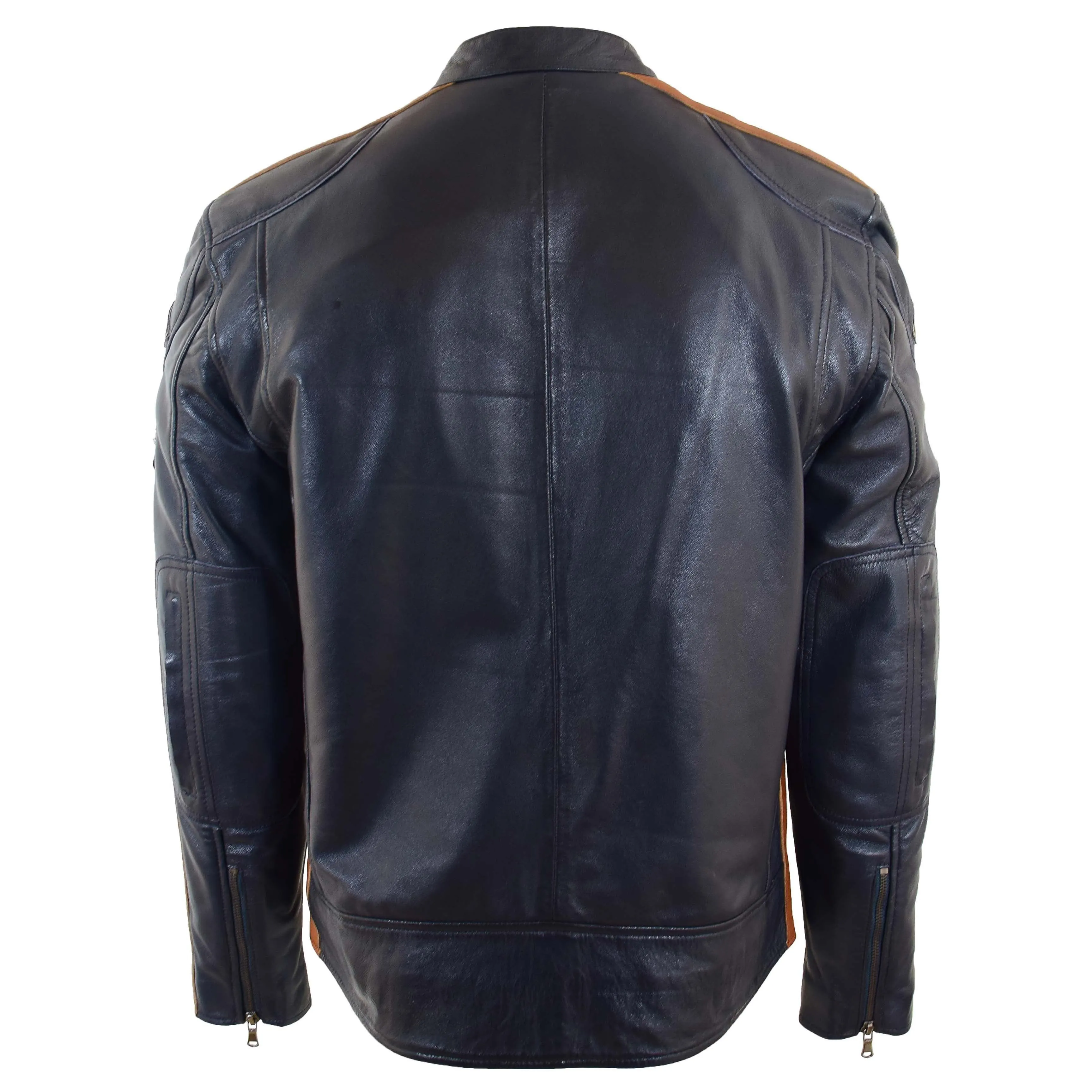 Mens Real Leather Biker Jacket Cafe Racer Style Badges TRON Navy