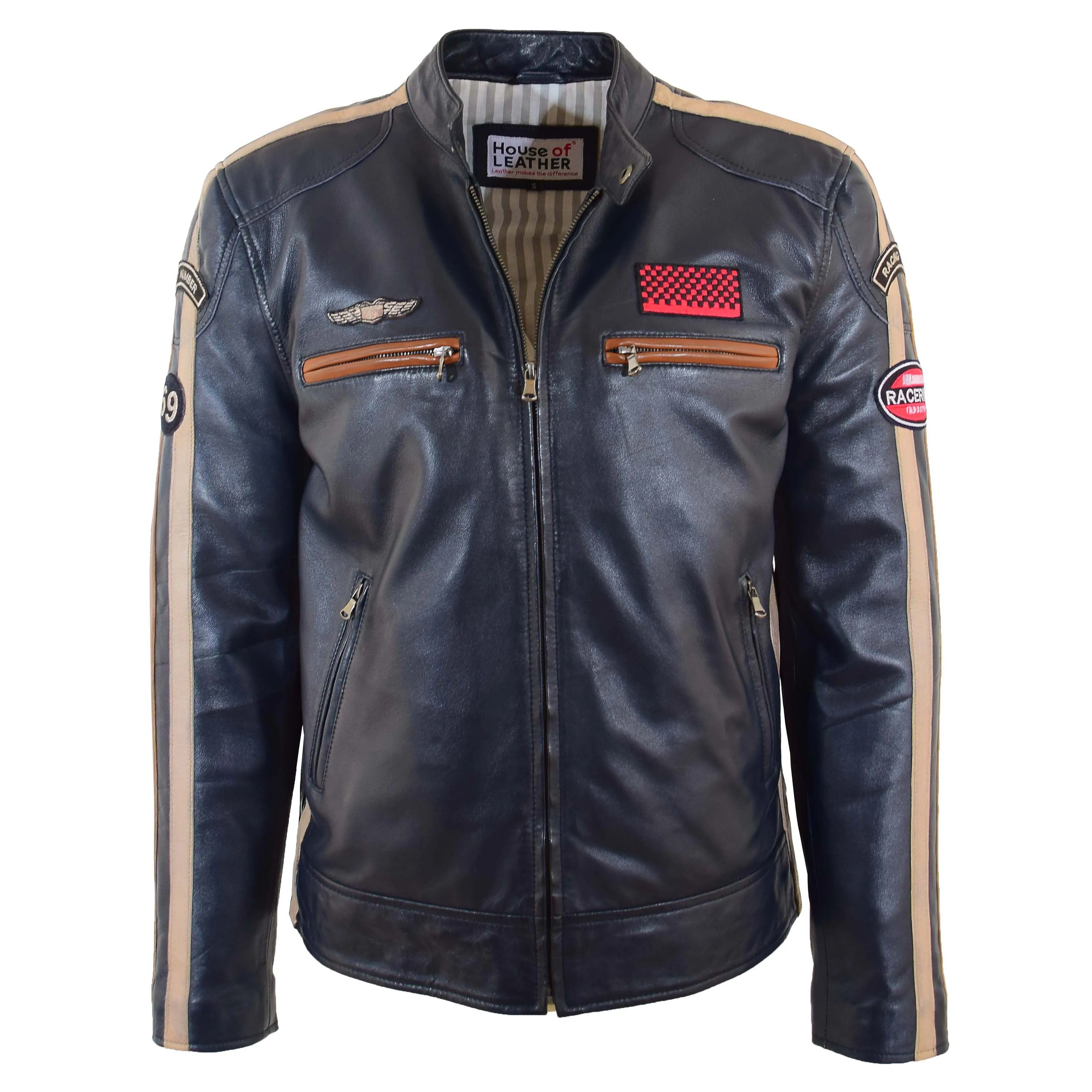 Mens Real Leather Biker Jacket Cafe Racer Style Badges TRON Navy