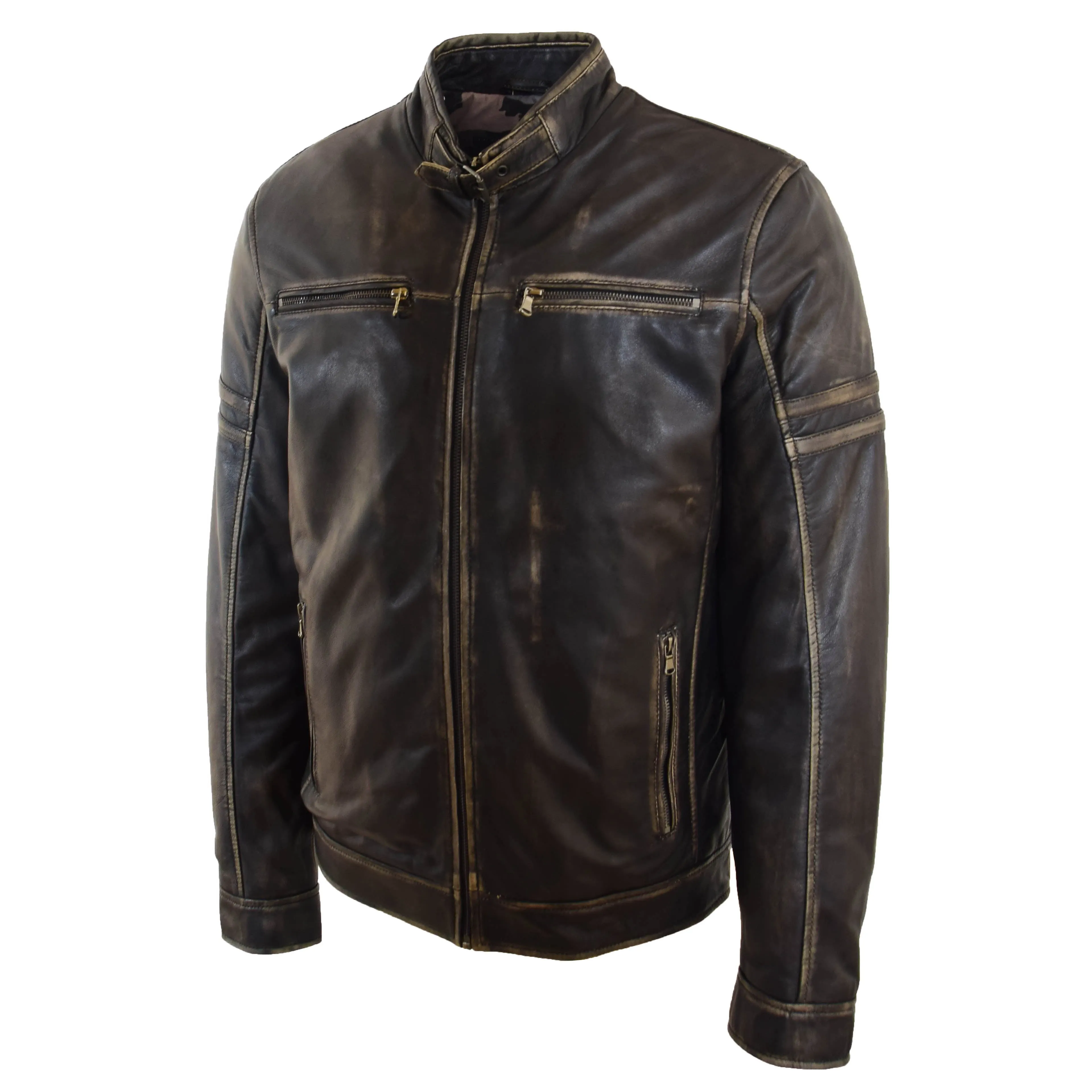 Mens Real Leather Biker Jacket Vintage Rub Off Effect RICKY