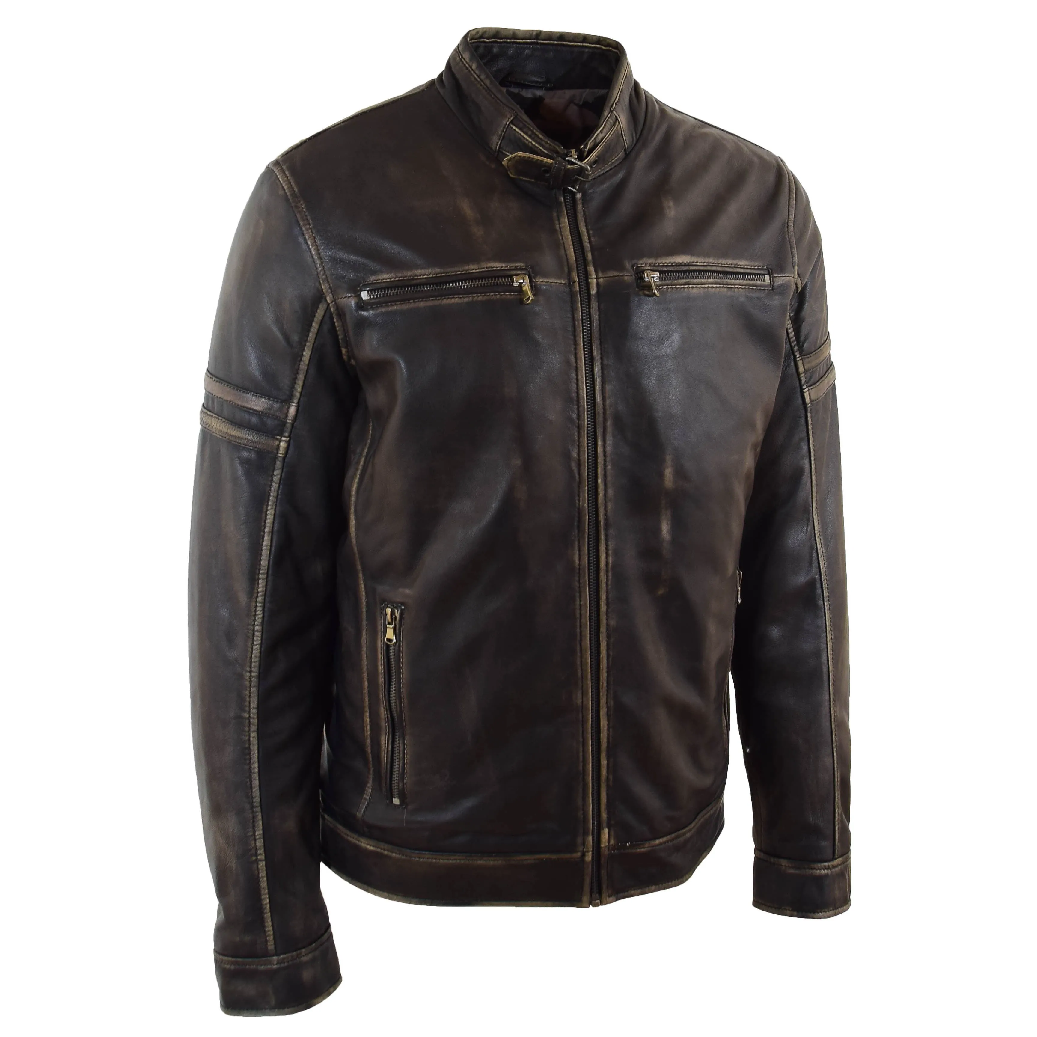 Mens Real Leather Biker Jacket Vintage Rub Off Effect RICKY