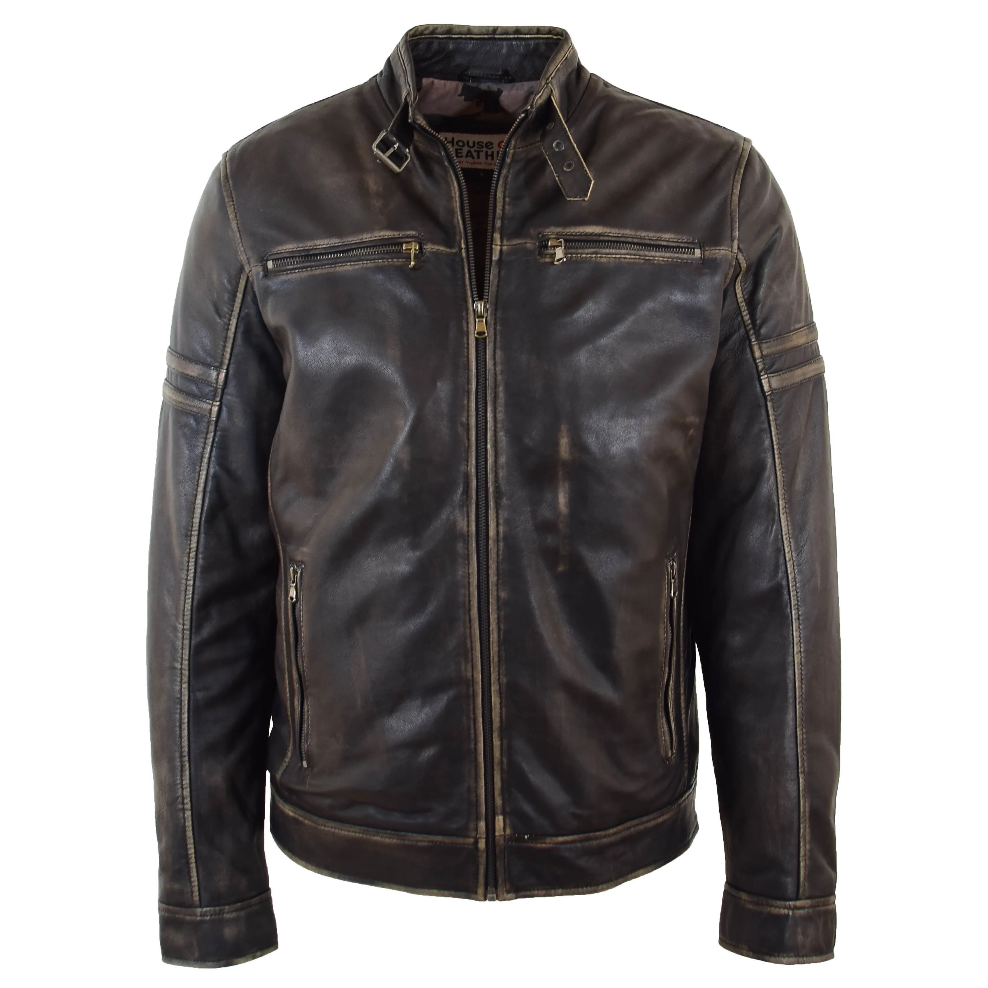 Mens Real Leather Biker Jacket Vintage Rub Off Effect RICKY