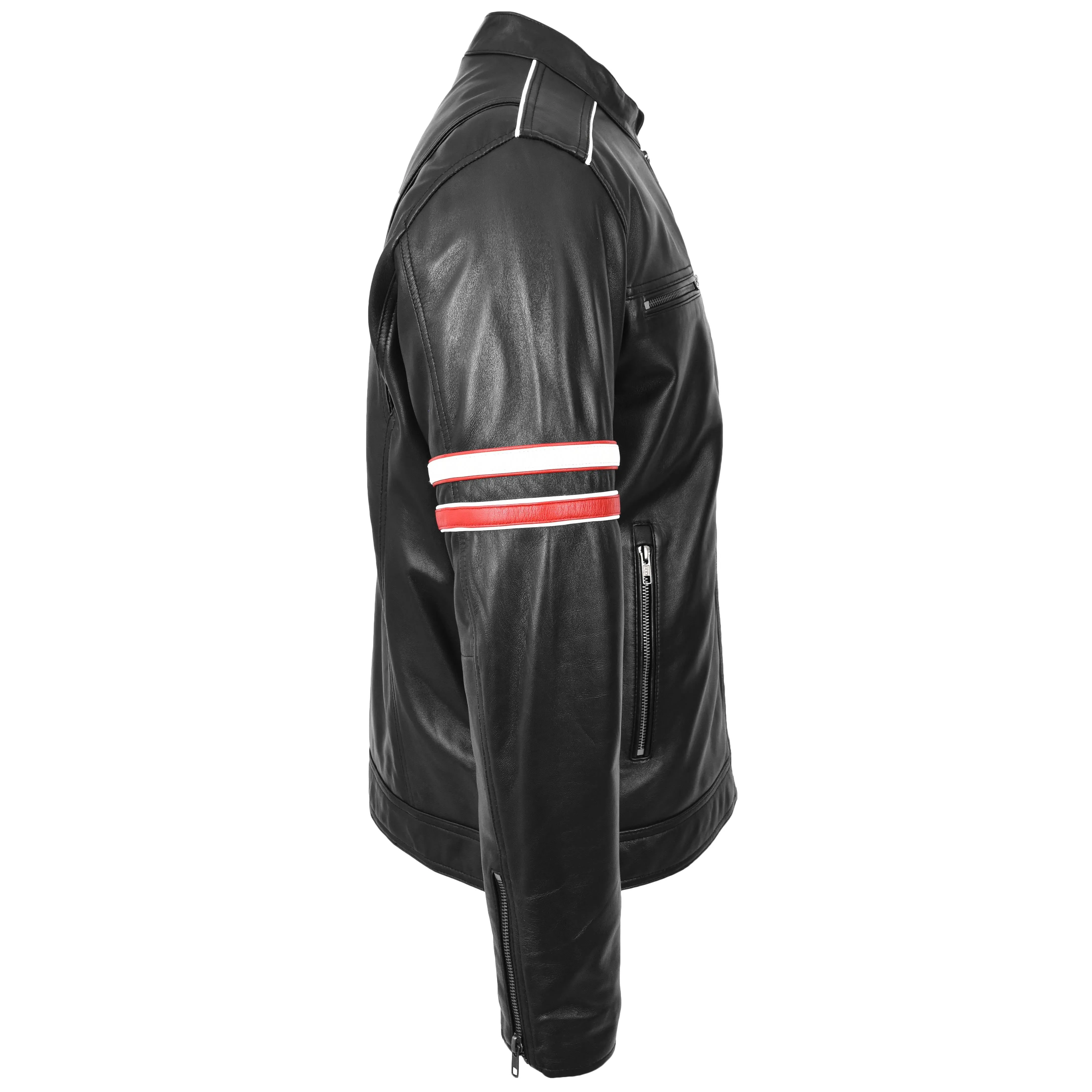 Mens Real Leather Biker Style Jacket Cafe Racer Multi Stripes Boxer Black