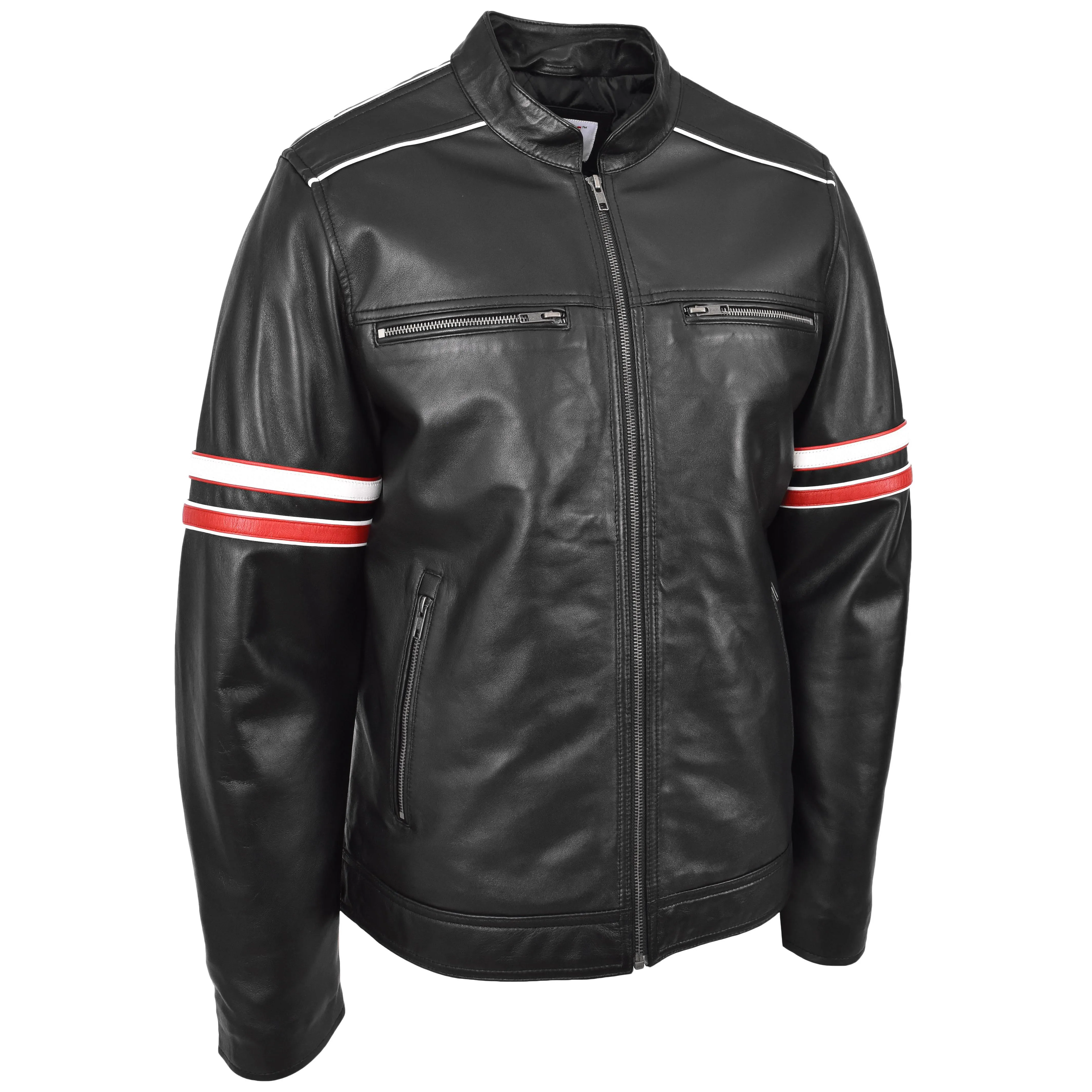 Mens Real Leather Biker Style Jacket Cafe Racer Multi Stripes Boxer Black