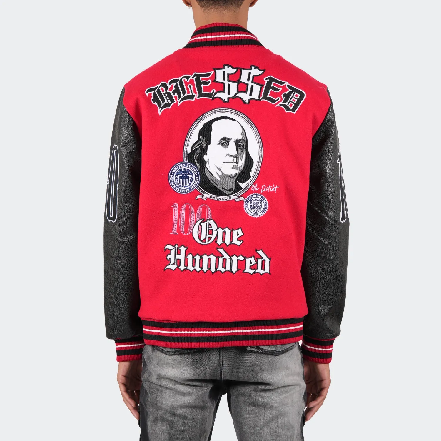 Men's TWO MILL TWENTY Blessed Money Varsity Bomber Jacket Red