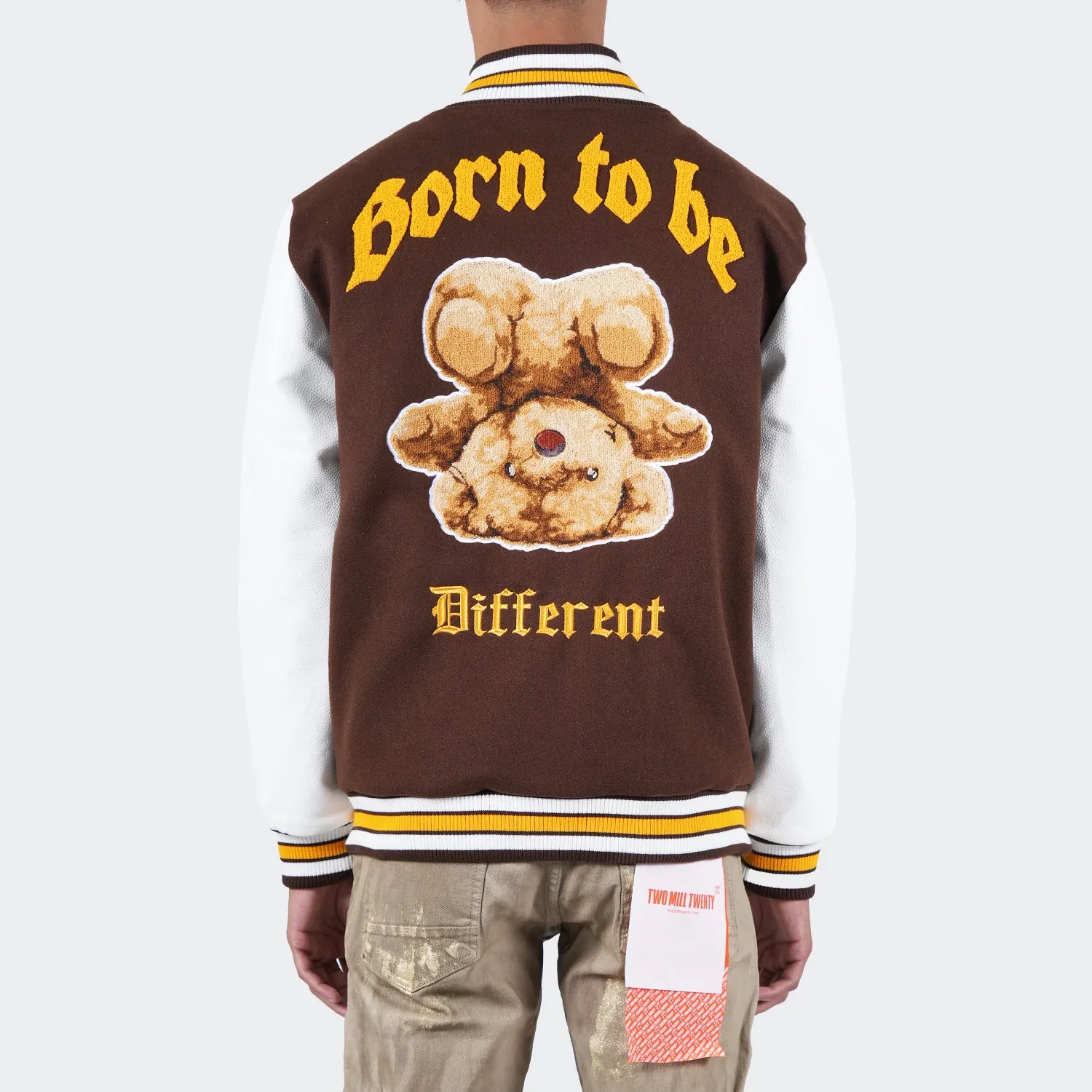 Men's TWO MILL TWENTY Born To Be Different Varsity Bomber Jacket Brown