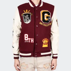 Men's TWO MILL TWENTY Royal Throne Dragon Slayer Varsity Bomber Jacket Burgundy