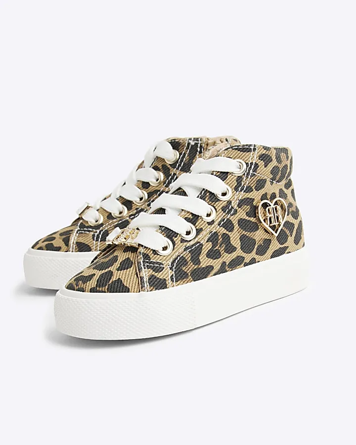 Mini girls brown leopard platform trainers