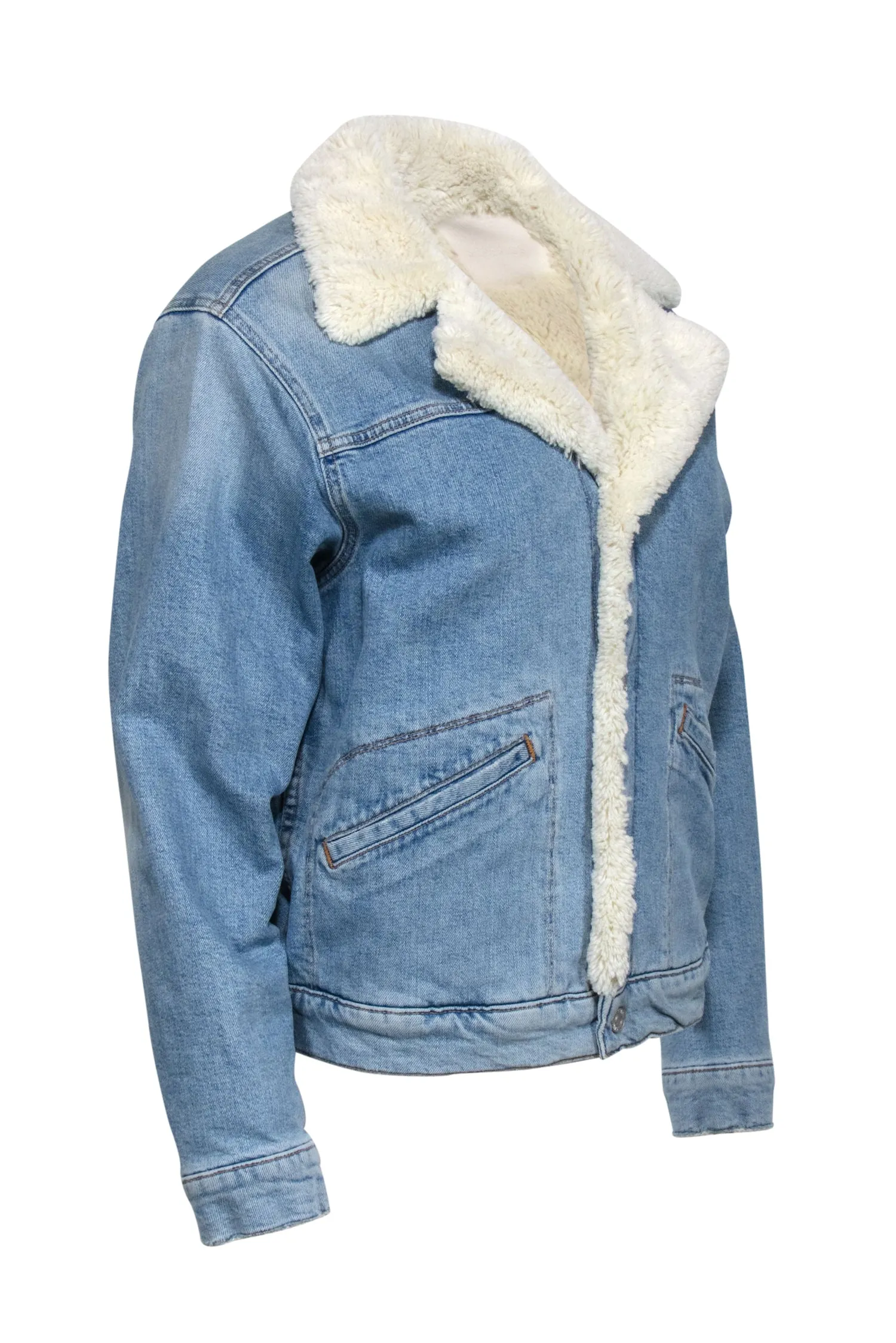 MOTHER - Medium Wash Denim Off The Grid Sherpa Bomber Jacket Sz S