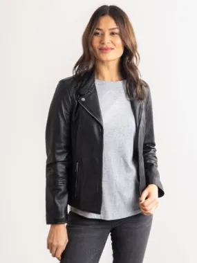 Nateby Centre Zip Leather Biker Jacket in Black