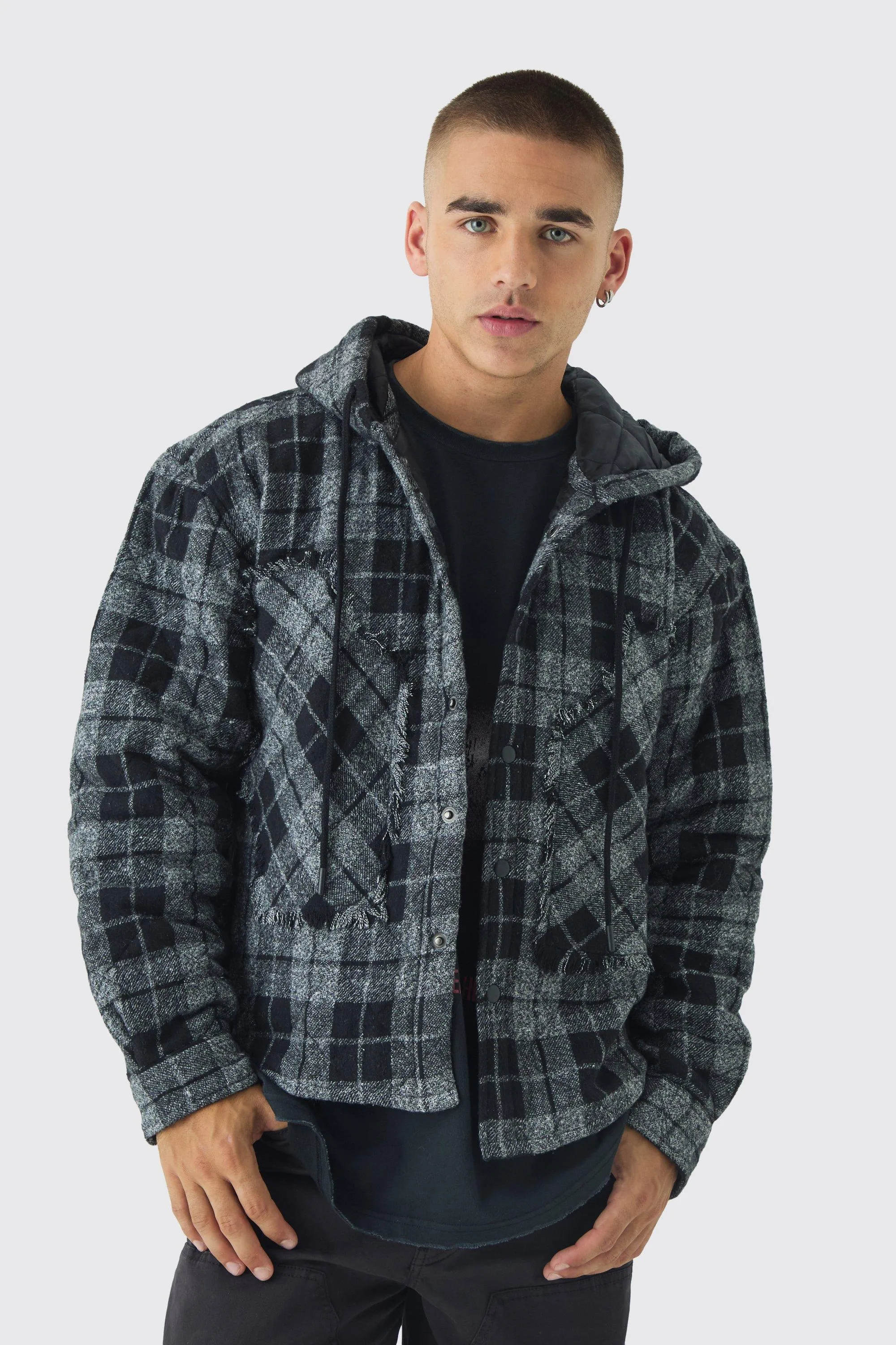 Oversized Hooded Check Patchwork Padded Shirt