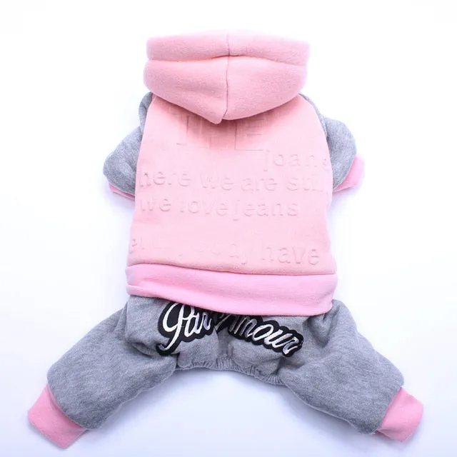 Pet Dog Fleece Hooded Jumpsuit with Embossed Print