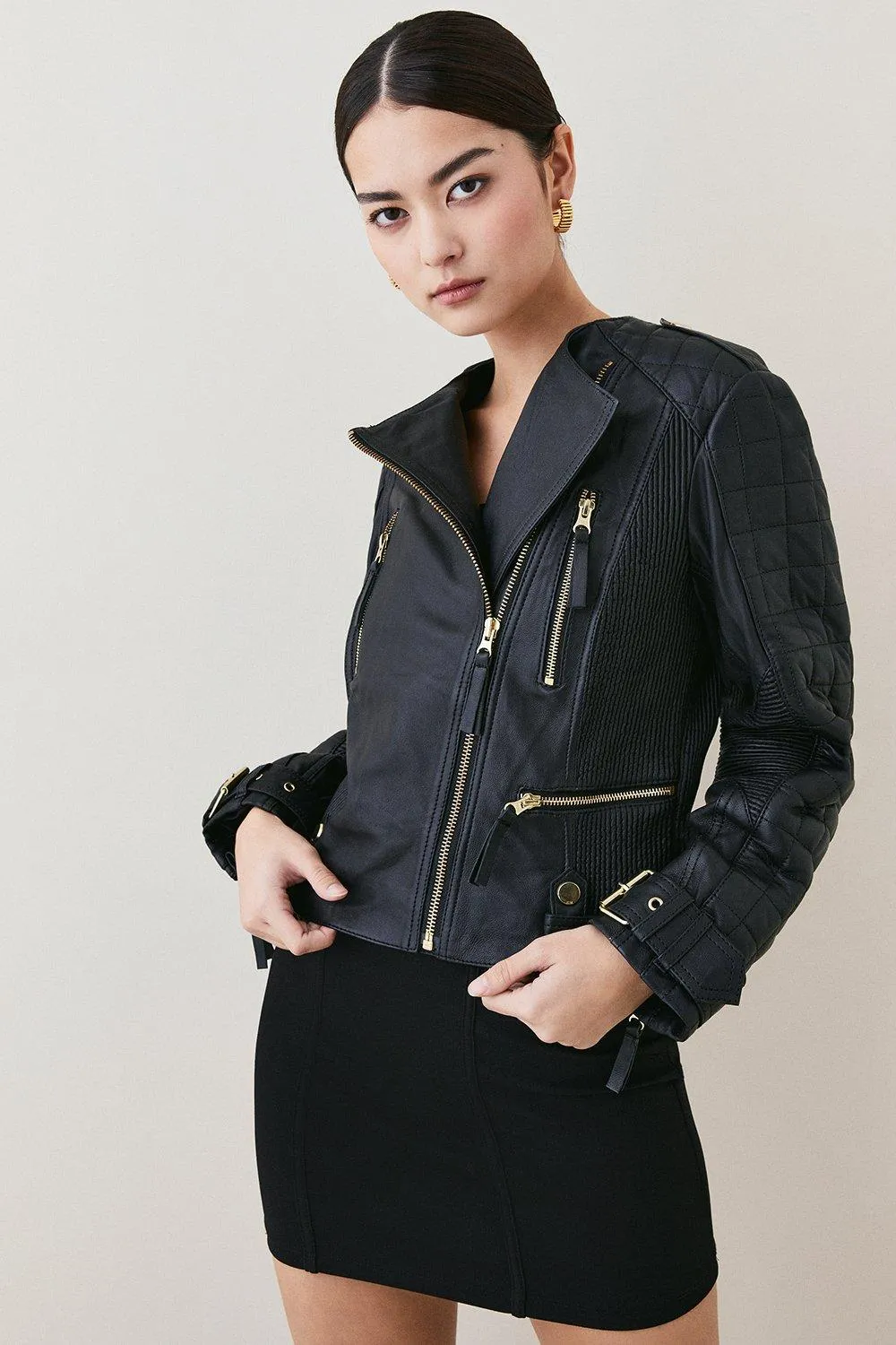 Petite Leather Quilted Buckle Biker Jacket | Karen Millen