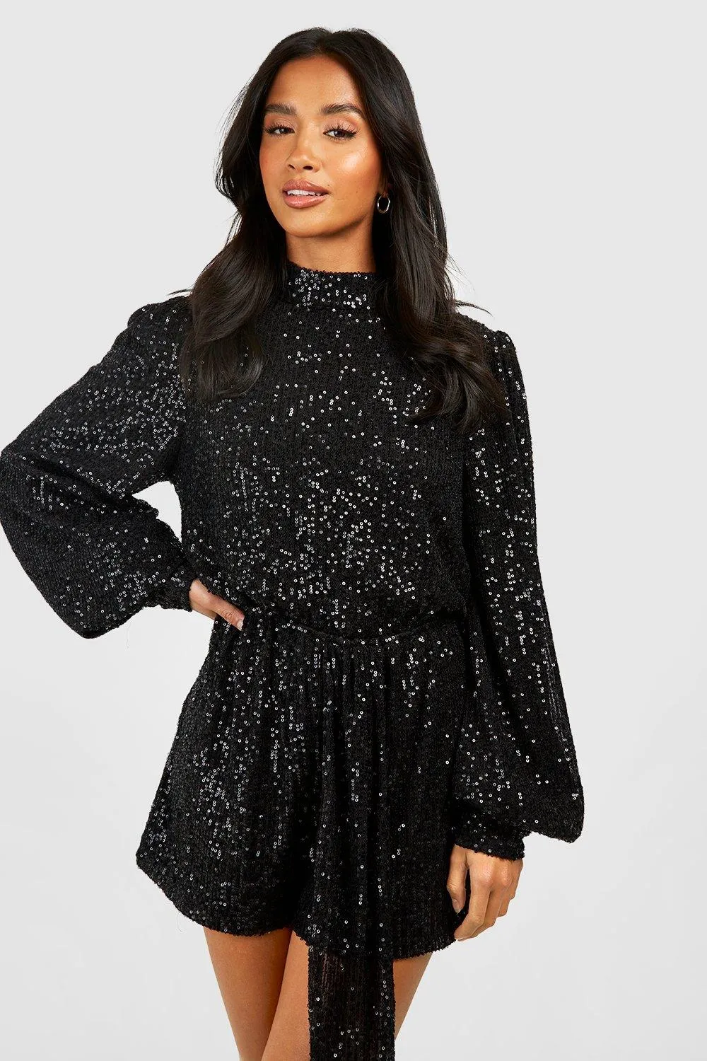 Petite Sequin High Neck Puff Sleeve Romper