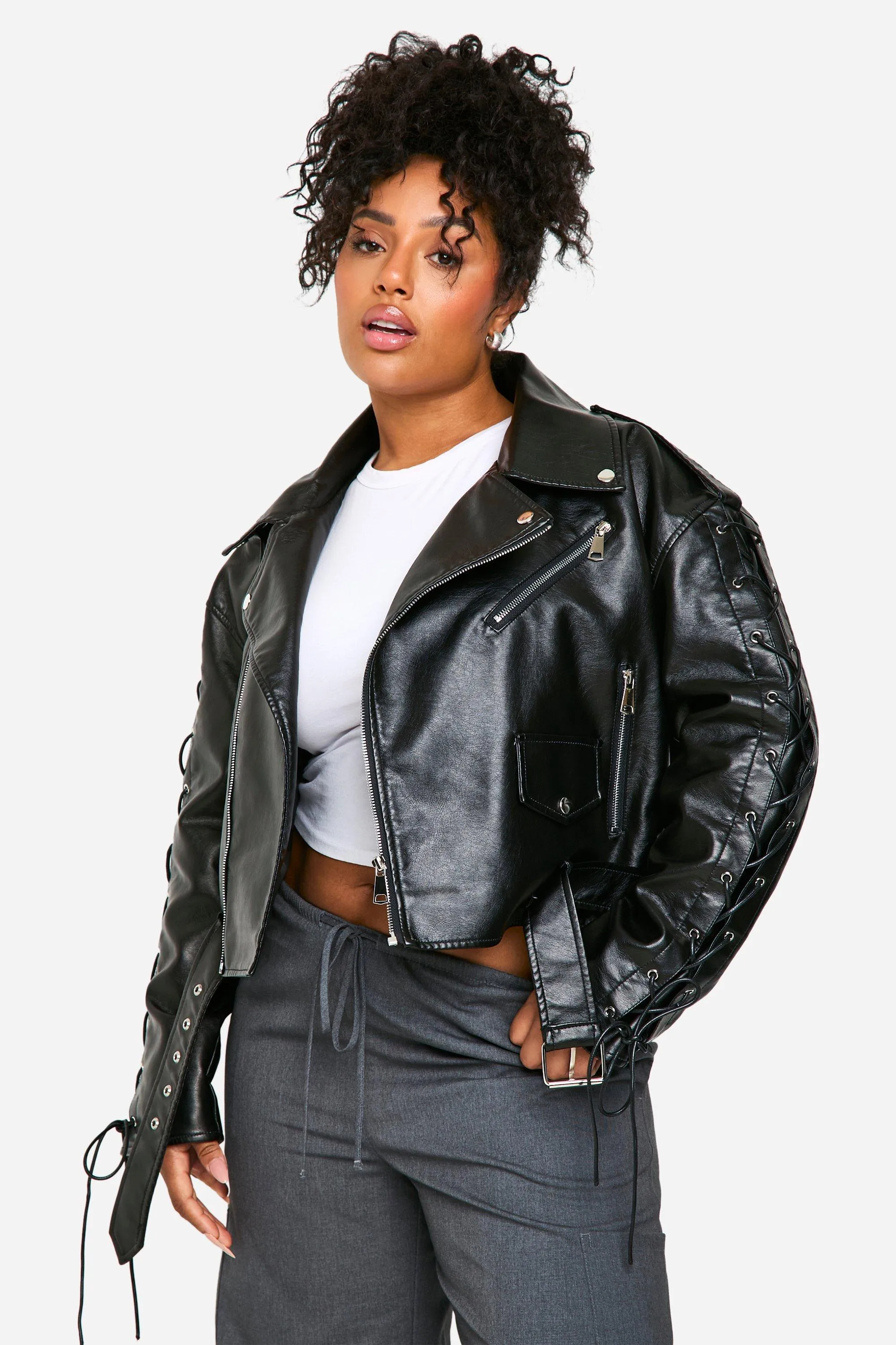 Plus Lace Up Detail Oversized Faux Leather Biker Jacket