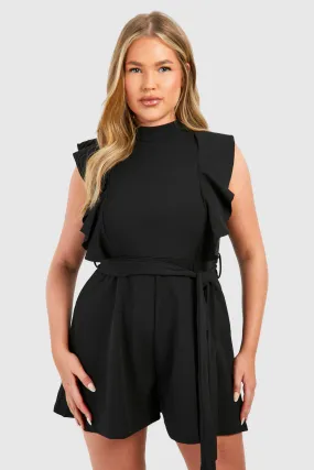 Plus Scuba Crepe Tie Belt Ruffle Romper