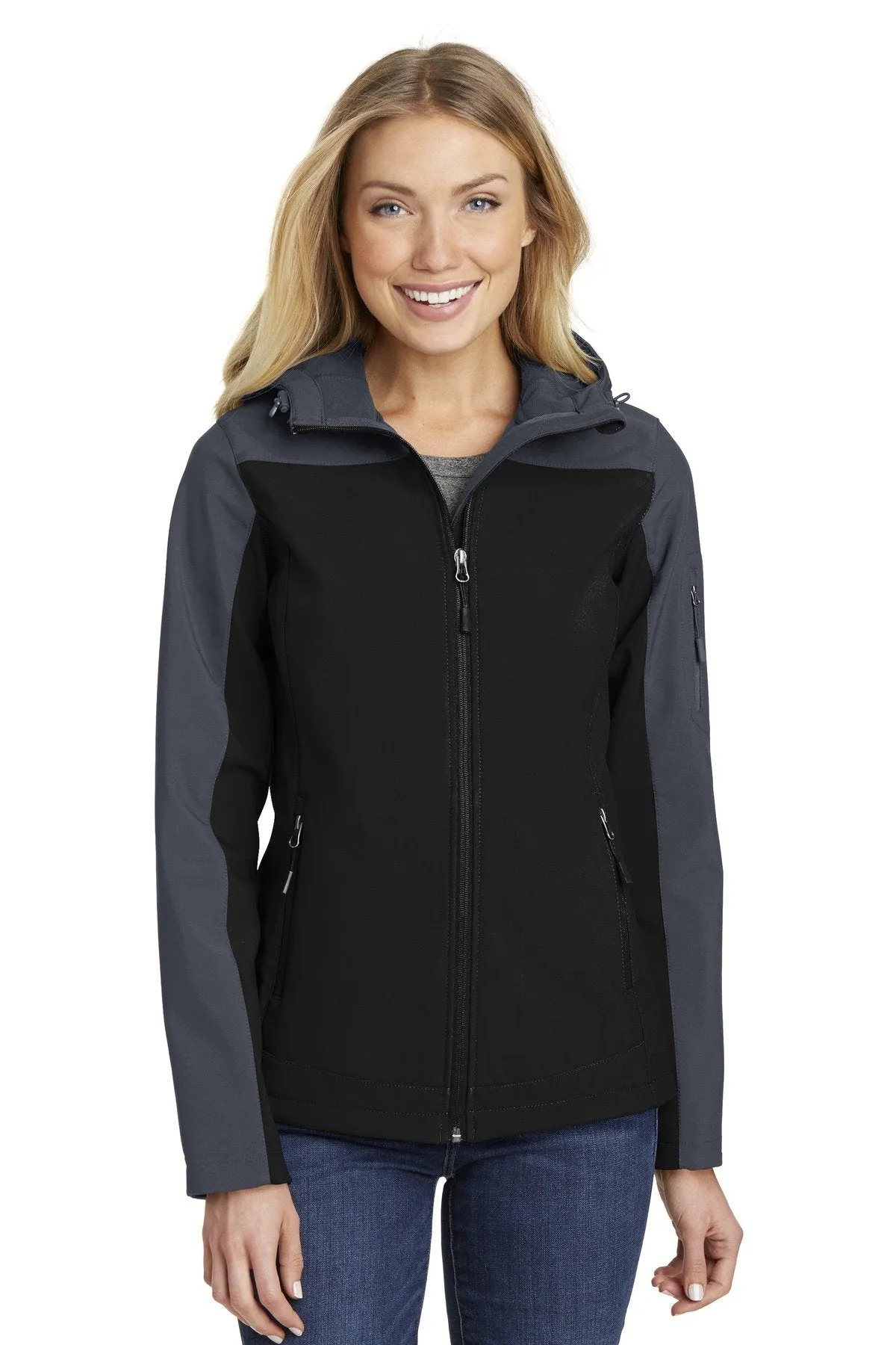 Port Authority Ladies Hooded Core Soft Shell Jacket L335 Black/ Battleship Grey