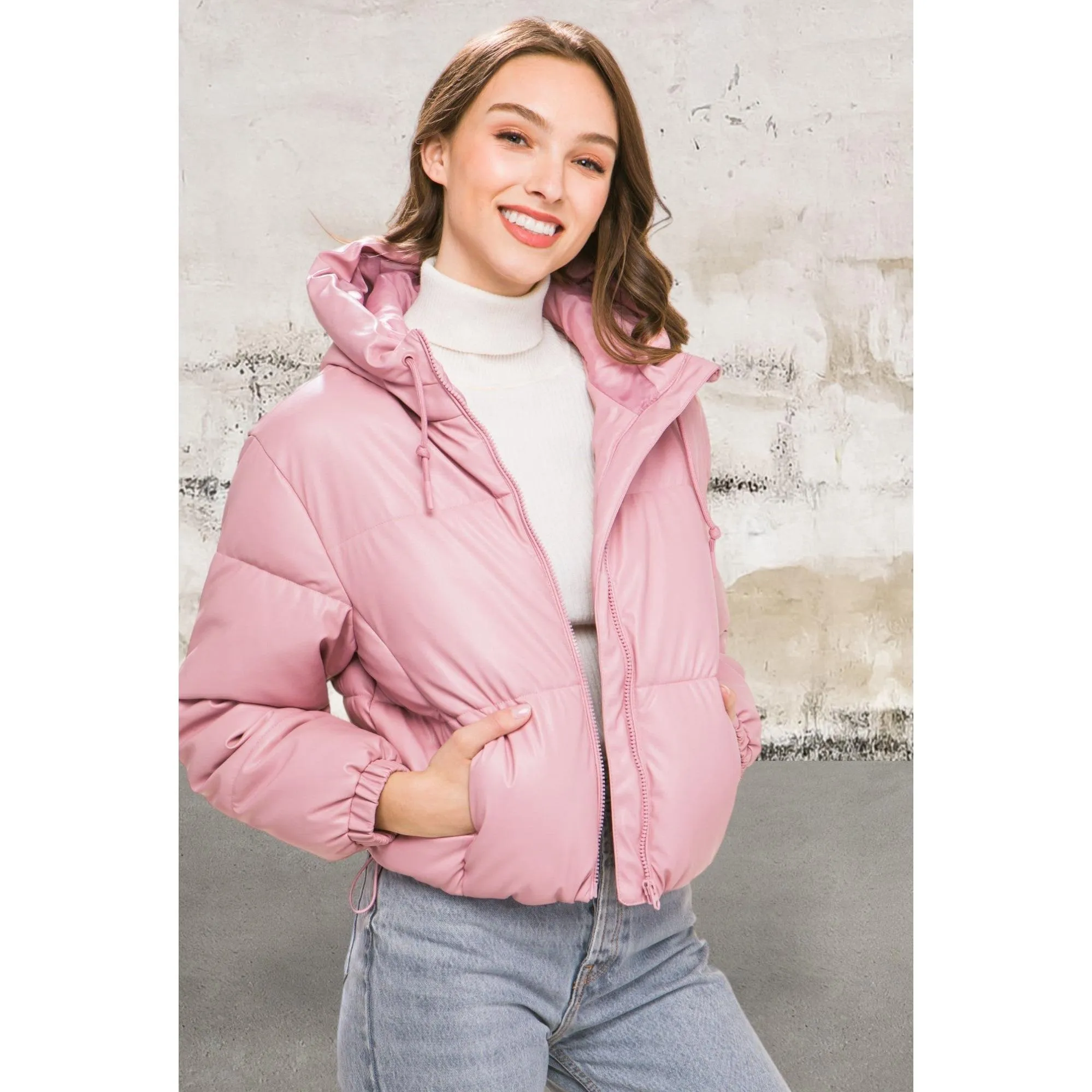 Pu Faux Leather Zipper Hooded Pink Jacket