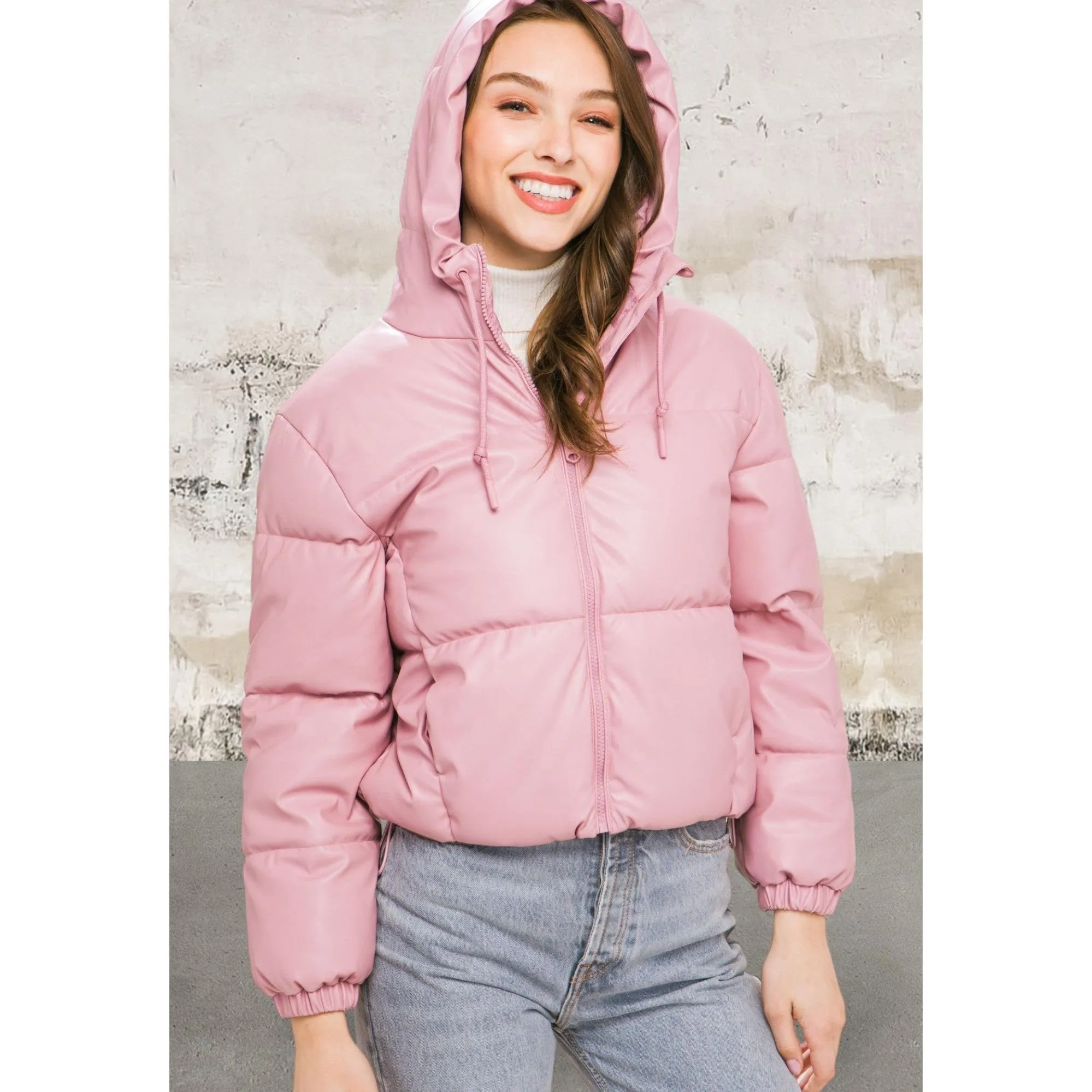 Pu Faux Leather Zipper Hooded Pink Jacket