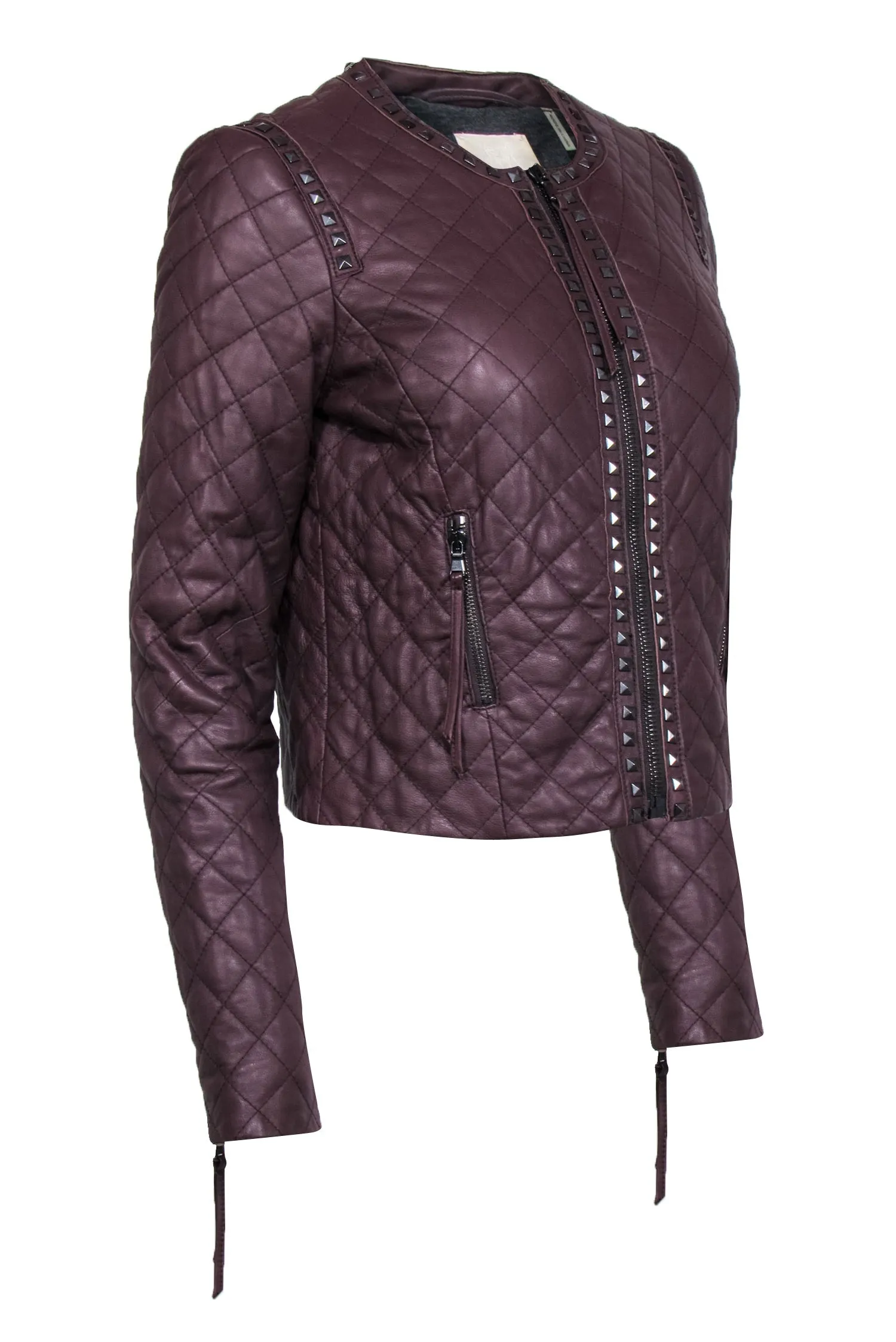 Rebecca Taylor - Maroon Quilted Stud Trim Leather Jacket Sz S