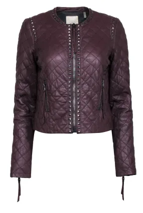 Rebecca Taylor - Maroon Quilted Stud Trim Leather Jacket Sz S