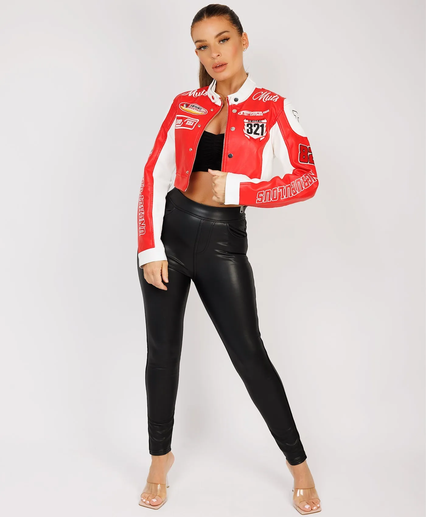 Red Faux Leather Embroidered Cropped Racer Jacket