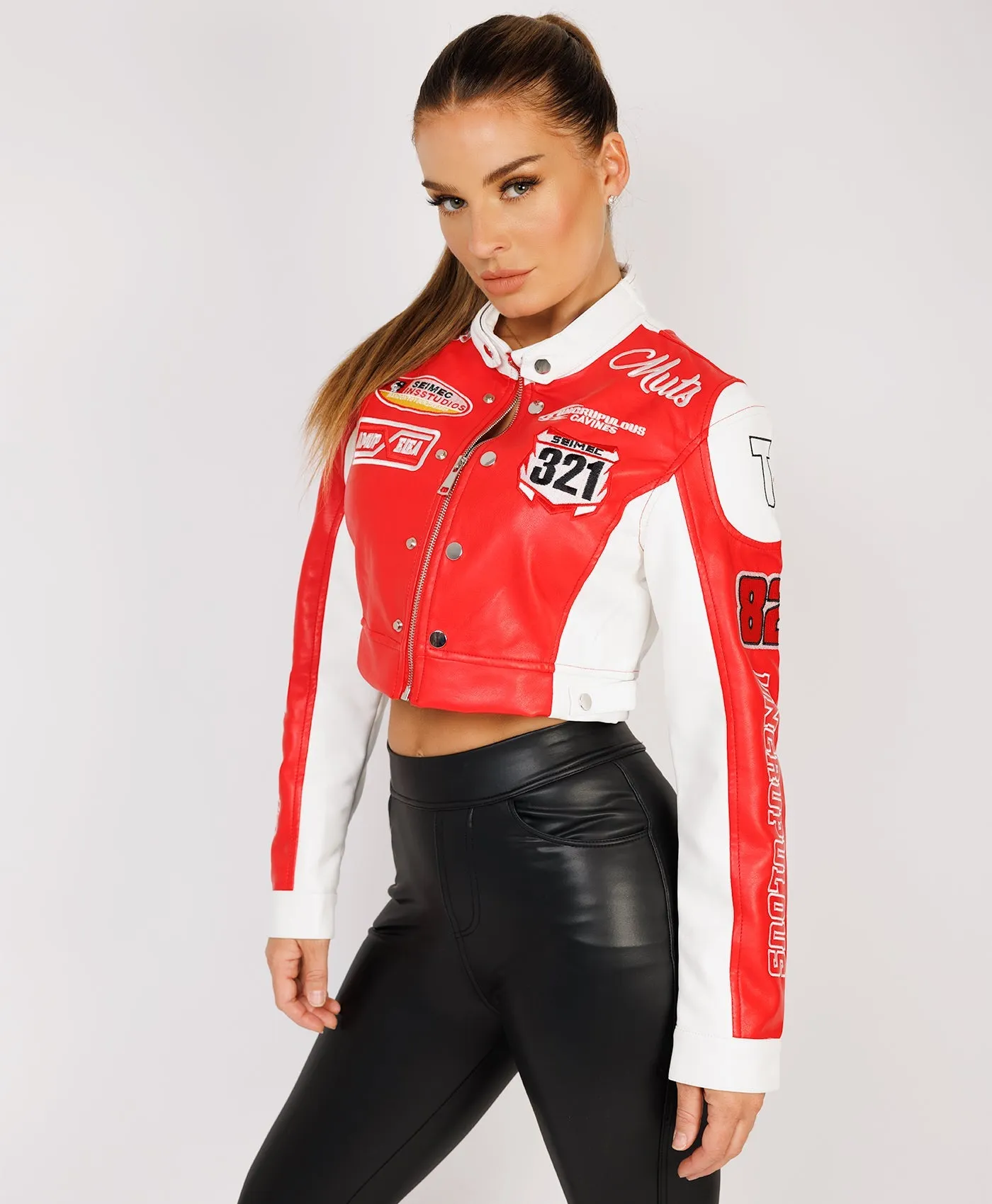 Red Faux Leather Embroidered Cropped Racer Jacket