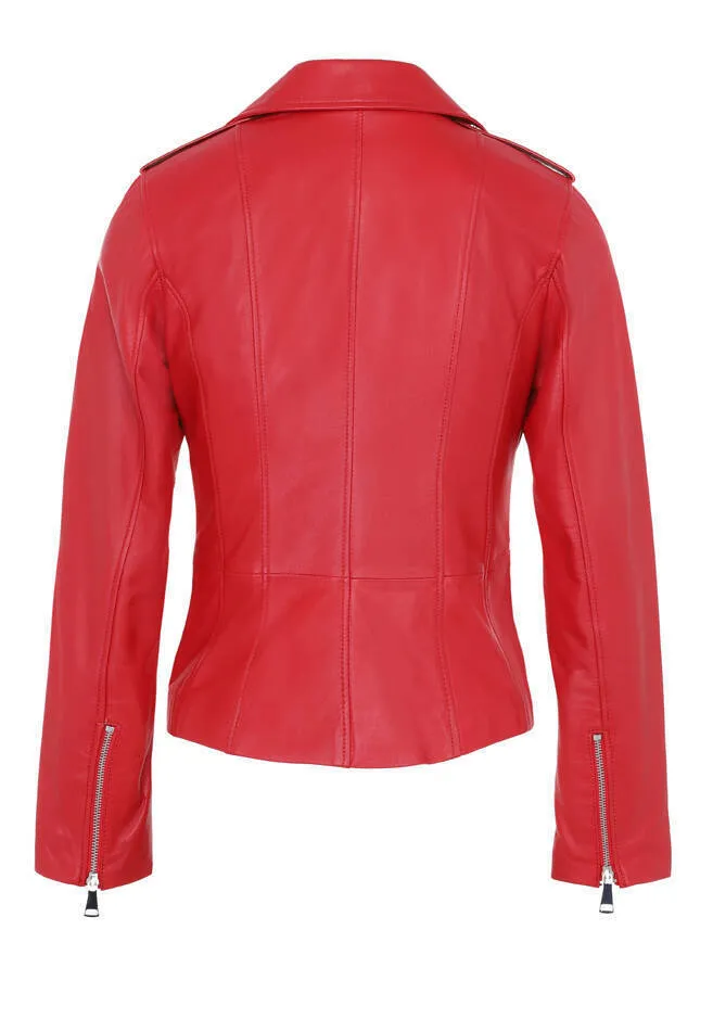 Red leather jacket for women in iconic biker style