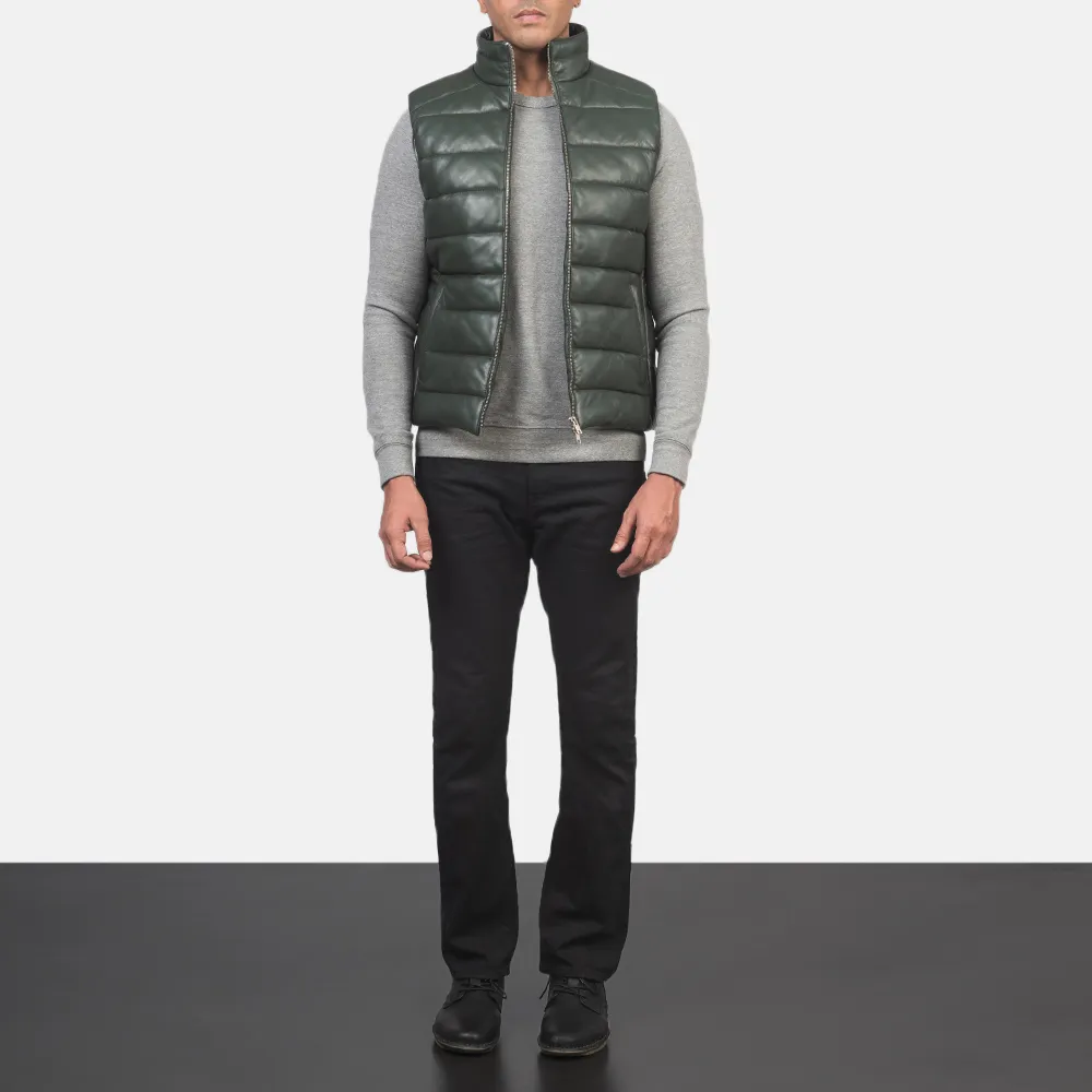 Reeves Green Leather Puffer Vest