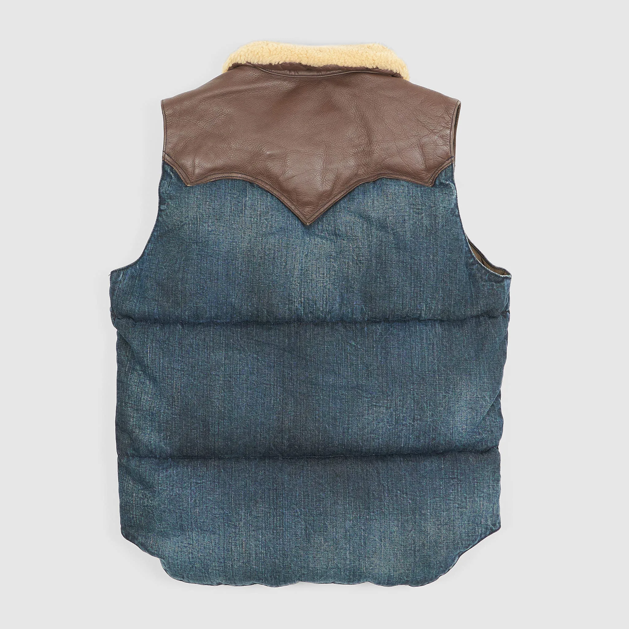 Rocky Mountain Featherbed Indigo Shearling Collar Down Vest with Leather Yokes