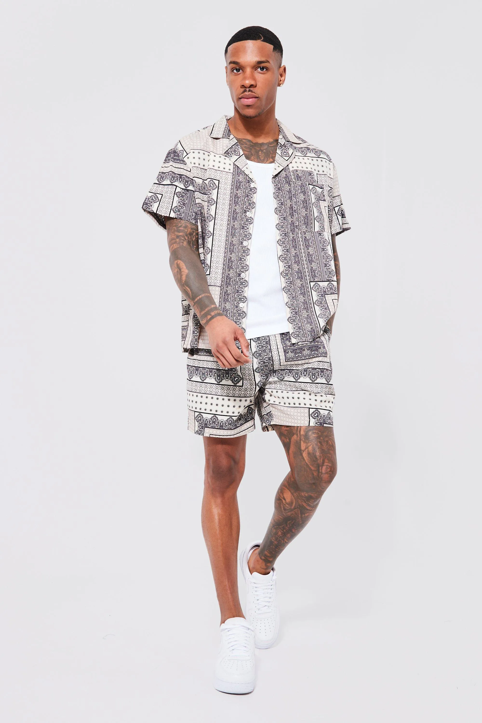 Short Sleeve Bandana Shirt And Short Set | boohooMAN UK