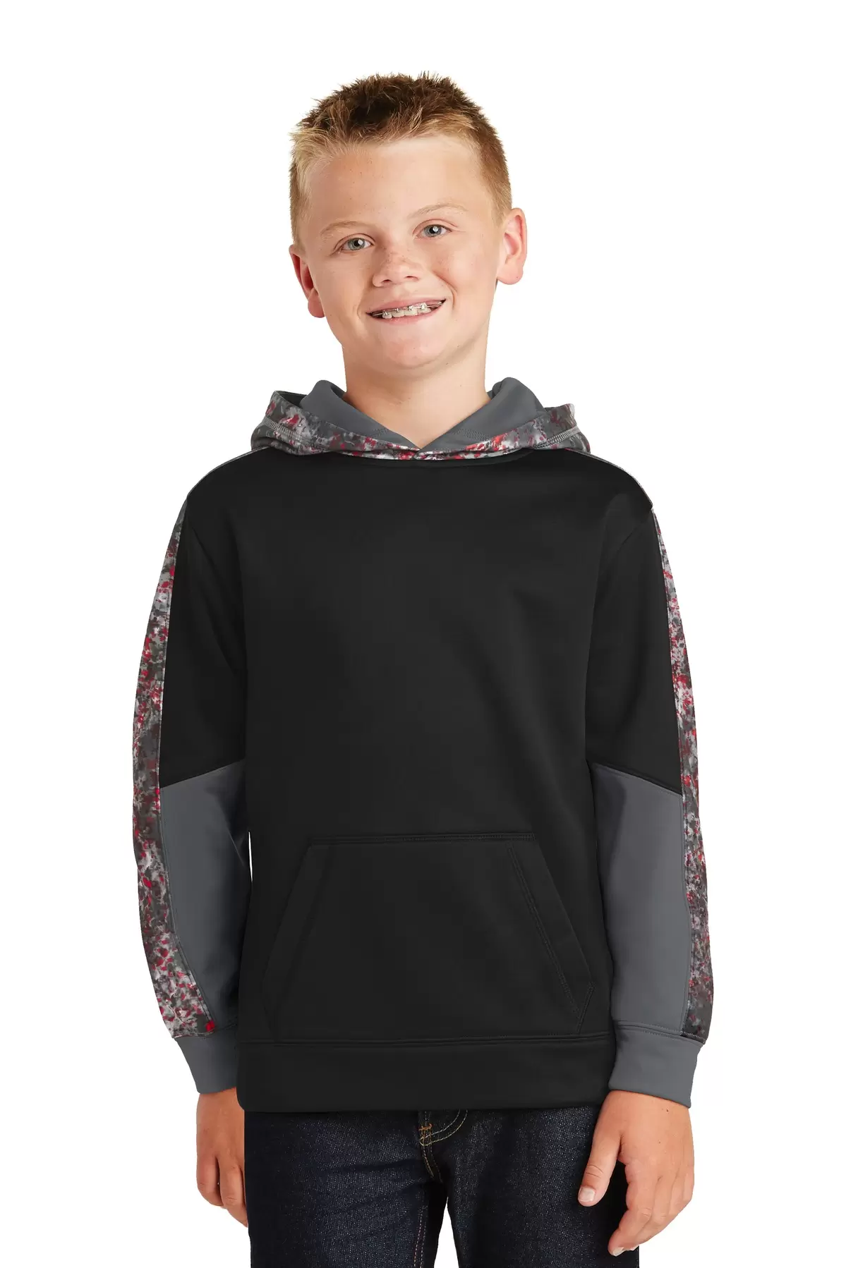 Sport Tek YST231 Sport-Tek Youth Sport-Wick Mineral Freeze Fleece Colorblock Hooded Pullover SKU: YST231