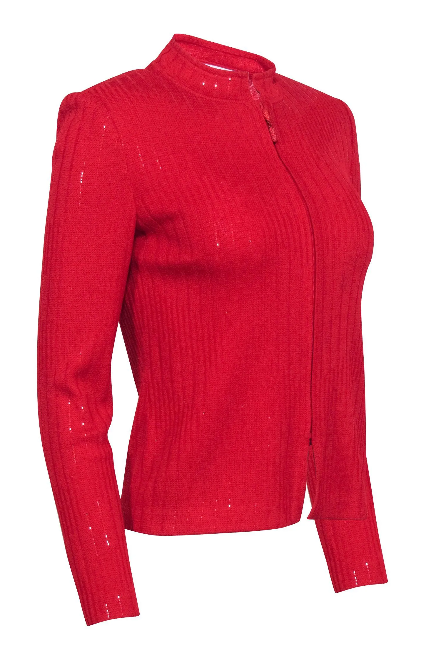 St. John - Red Sequin Detail Knit Zip Up Jacket Sz 2