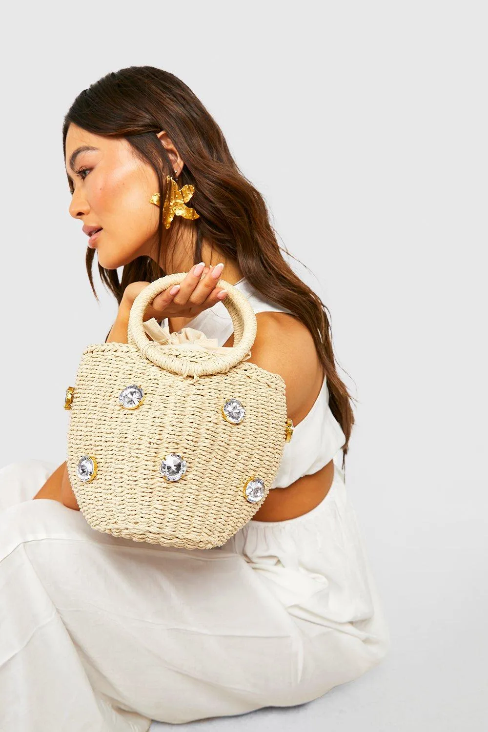 Straw Rhinestone Bucket Bag