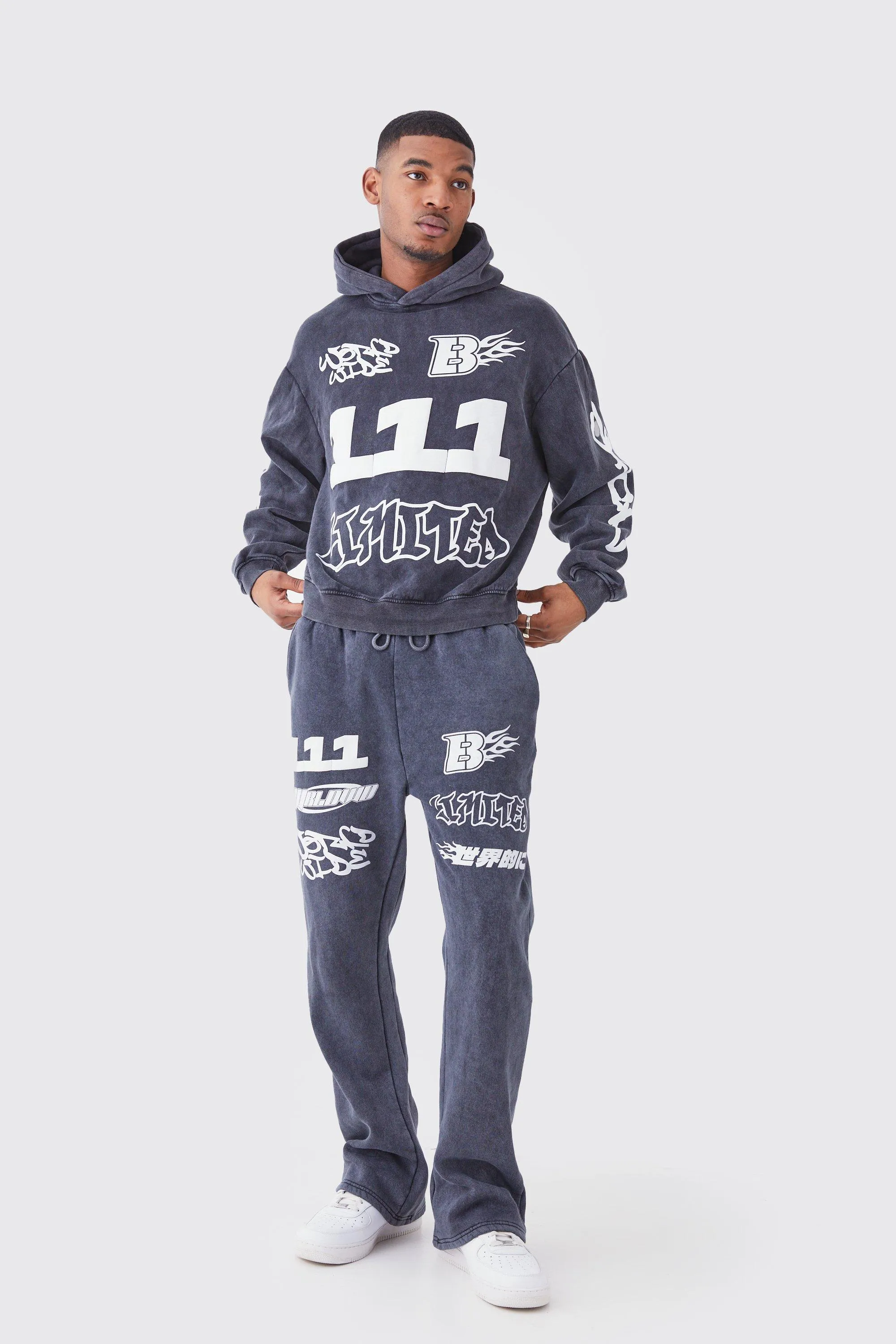 Tall Oversized Boxy Ribbed Puff Print Wash Hooded Tracksuit | boohooMAN UK