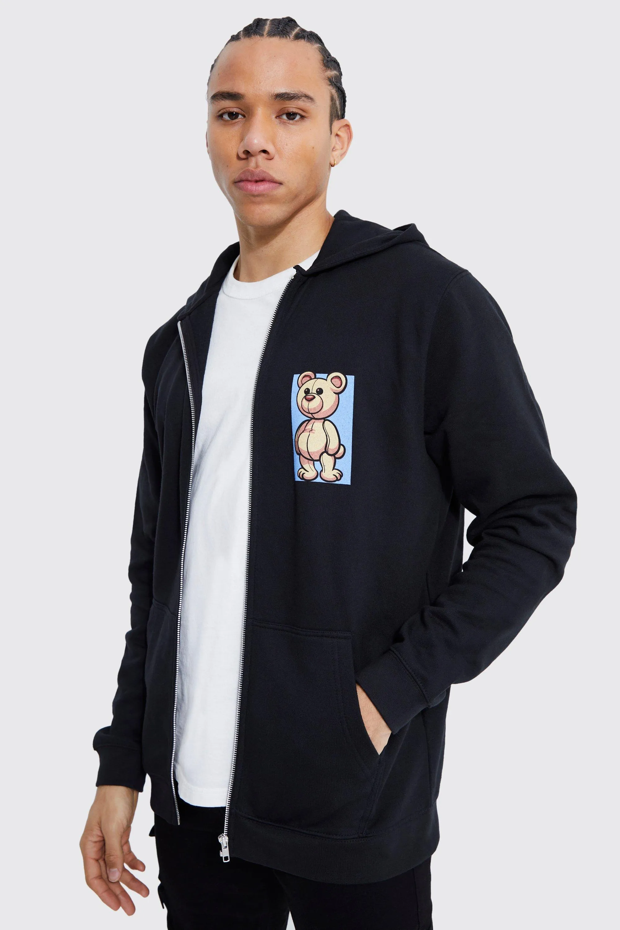 Tall Teddy Front And Back Zip Through Hoodie | boohooMAN UK