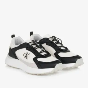 Teen White & Black Mesh & Faux Leather Trainers