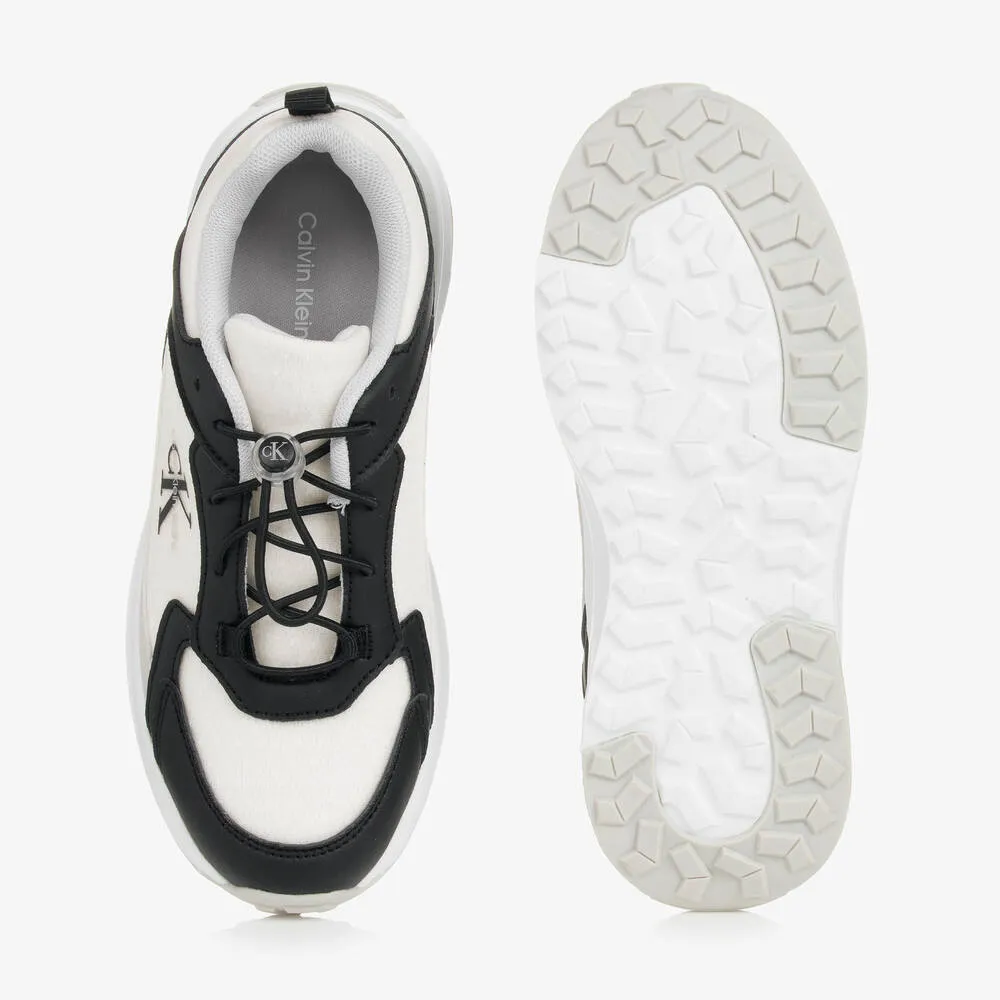 Teen White & Black Mesh & Faux Leather Trainers