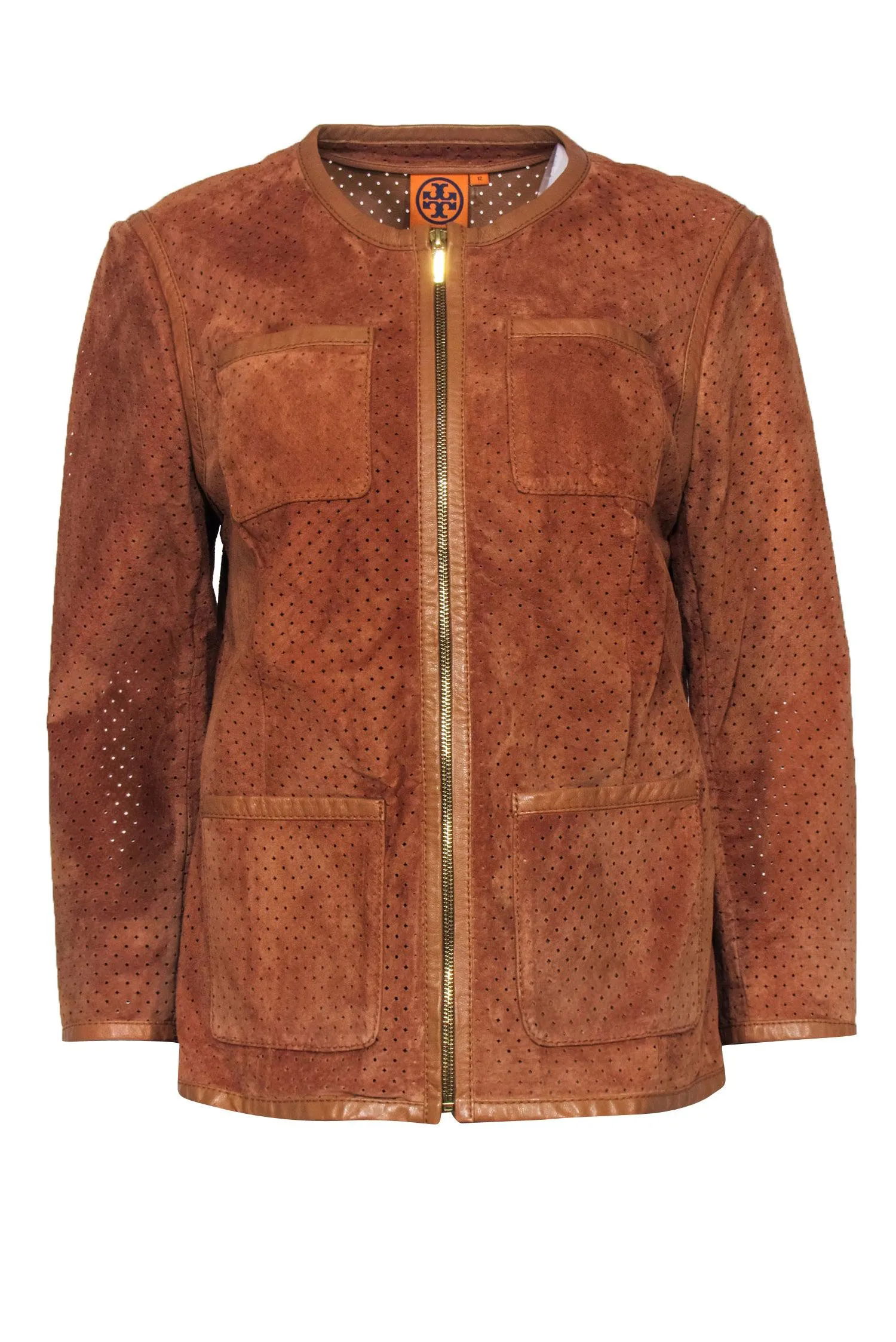 Tory Burch - Tan Perforated Suede Leather Jacket Sz 12