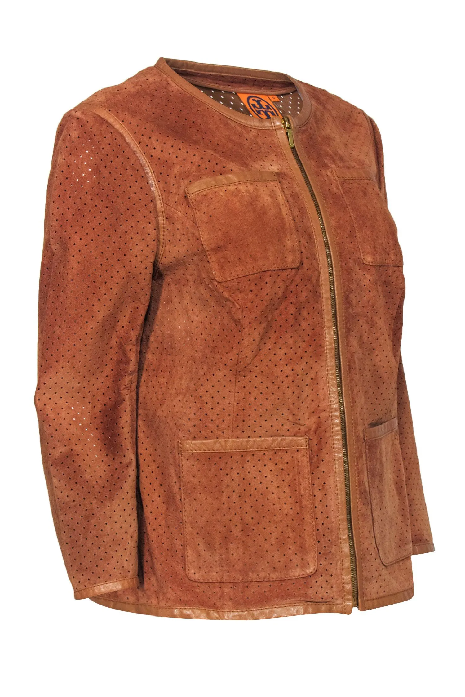 Tory Burch - Tan Perforated Suede Leather Jacket Sz 12