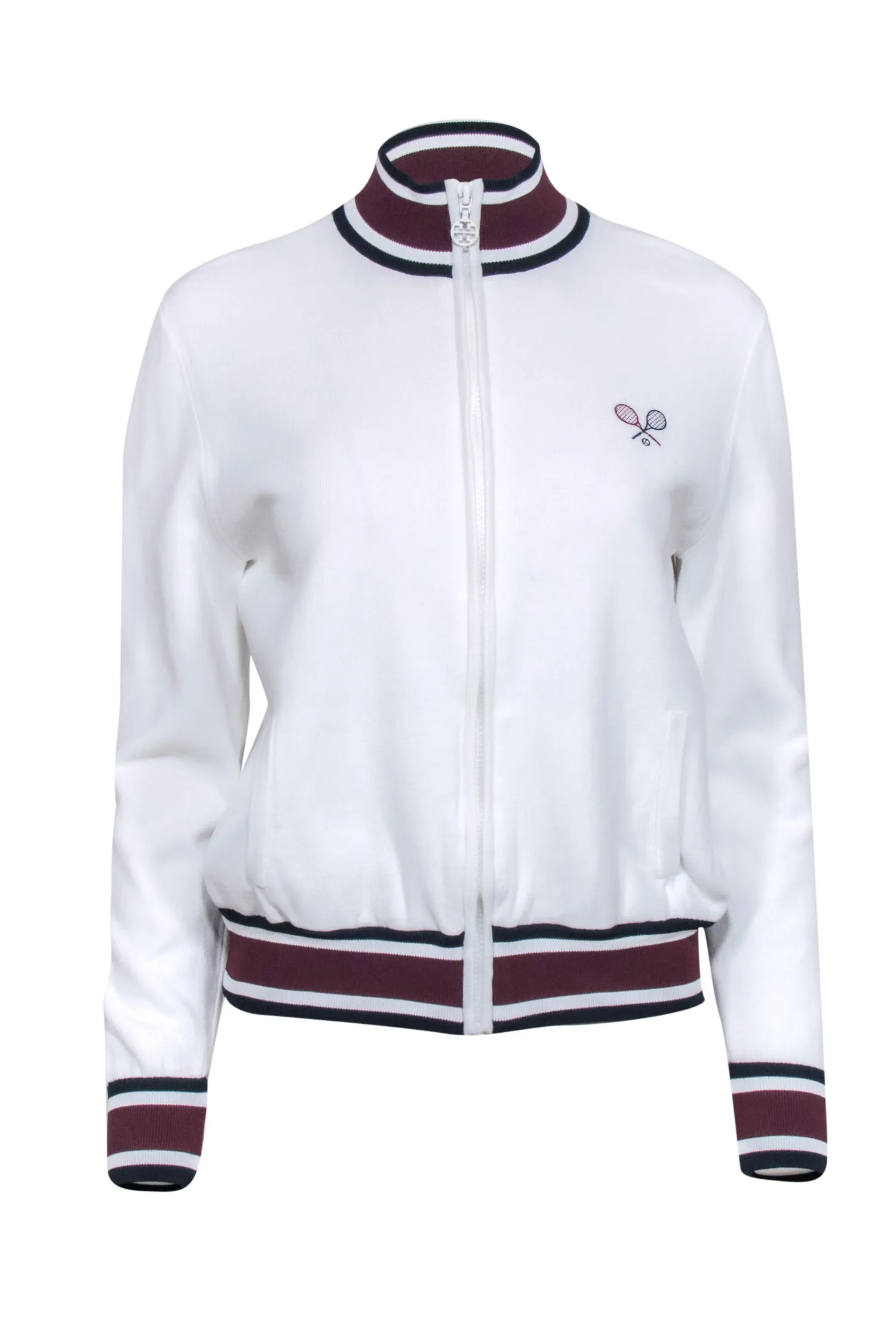 Tory Sport - White Bomber Warmup Jacket w/ Navy Trim Sz M