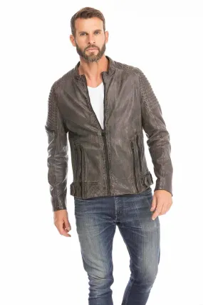 Trendy gray biker style men's leather jacket 14542